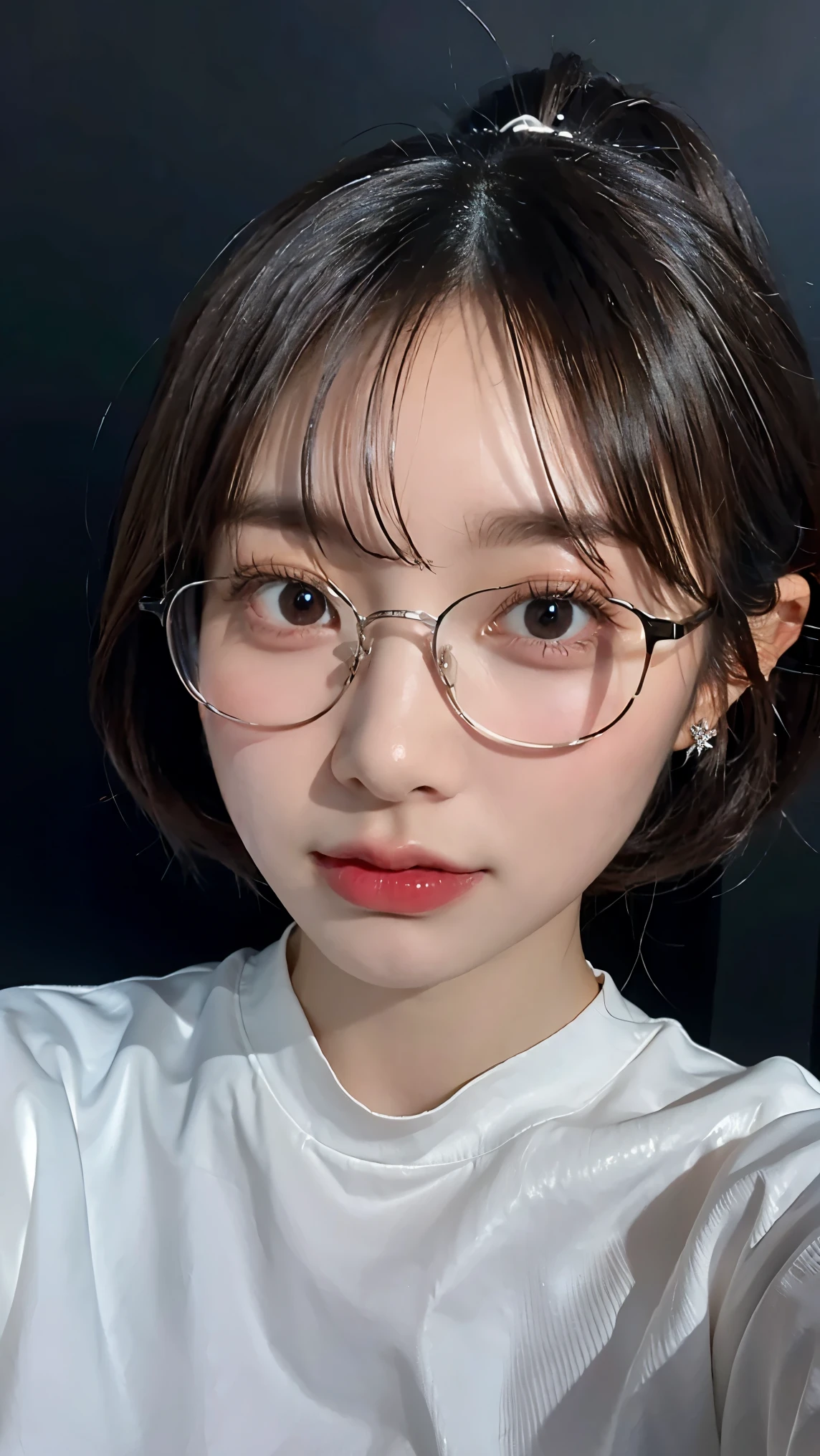 1girl dark skin, medium breasts, wears thick-framed glasses that highlight her facial features, with short hair, ponytail and gray, silver shirt, Underneath the shirt she wears another tight shirt, with details in vibrant colors reminiscent of the stars and planets of outer space, and a blue skirt high-top boots with non-slip soles,