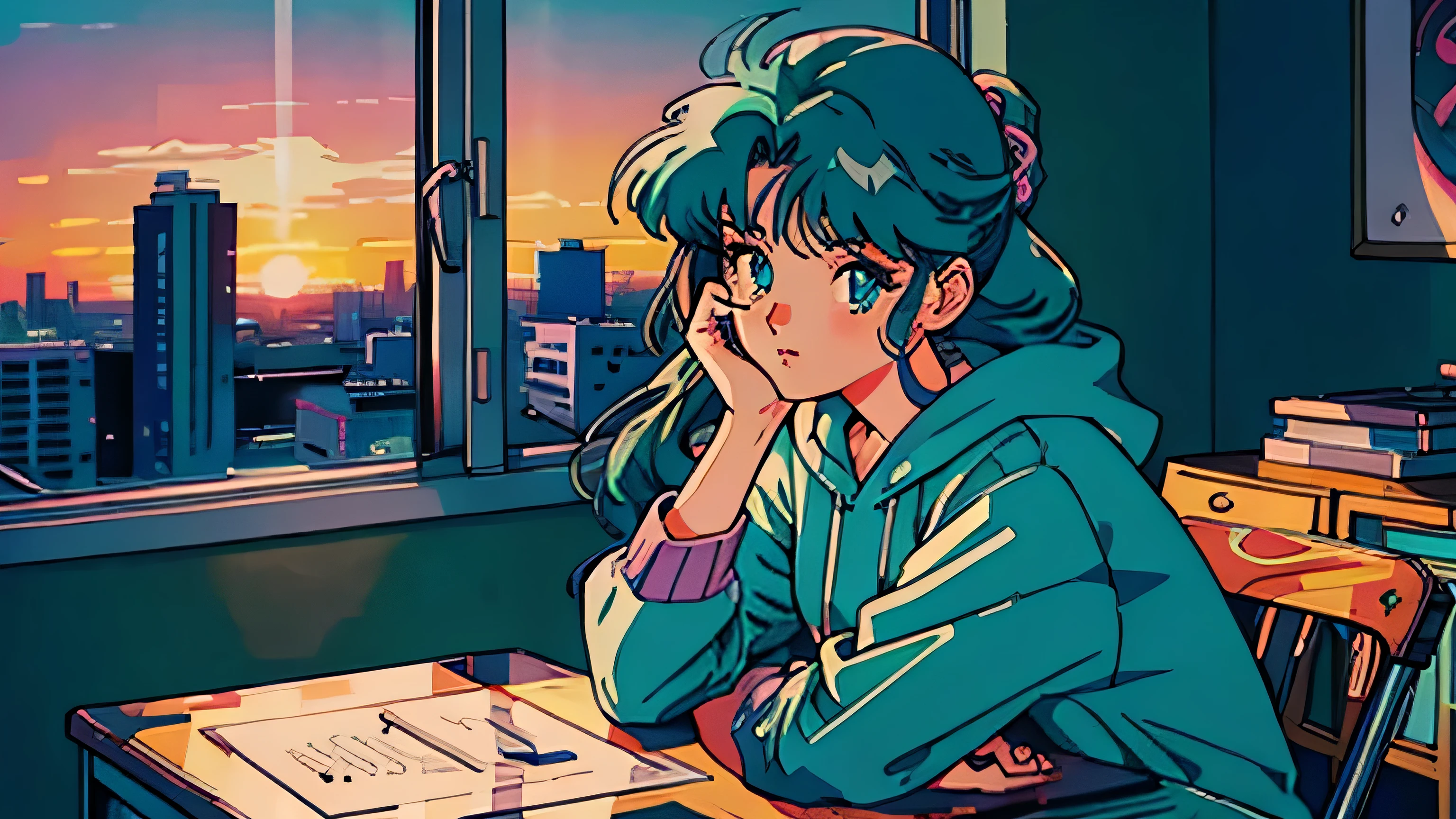 ((Vaporwave Style, partially coloring)), (((vanilla))), cinematic angle, retro anime, 1990s anime, 1980s anime, retro anime，retro anime style，masterpiece, highest quality, 1 girll, alone, blue eyes, dark green hair，braid hair, Big white hoodie，closed mouth，background at room, Old School Anime, beautiful anime,(ultra-detailed background, detailed background), High resolution, Super detailed, very detailed, 1 girl, (table top:1.5, highest quality:1.5), sitting in a chair, I&#39;Iの机にいます, holding cell phone, living room, Room with bookshelves, table and chairs, decadent life, Sunset outside the window, Street outside the window, Sunset outside the window, Music album covers, holding cell phone, look forward, 