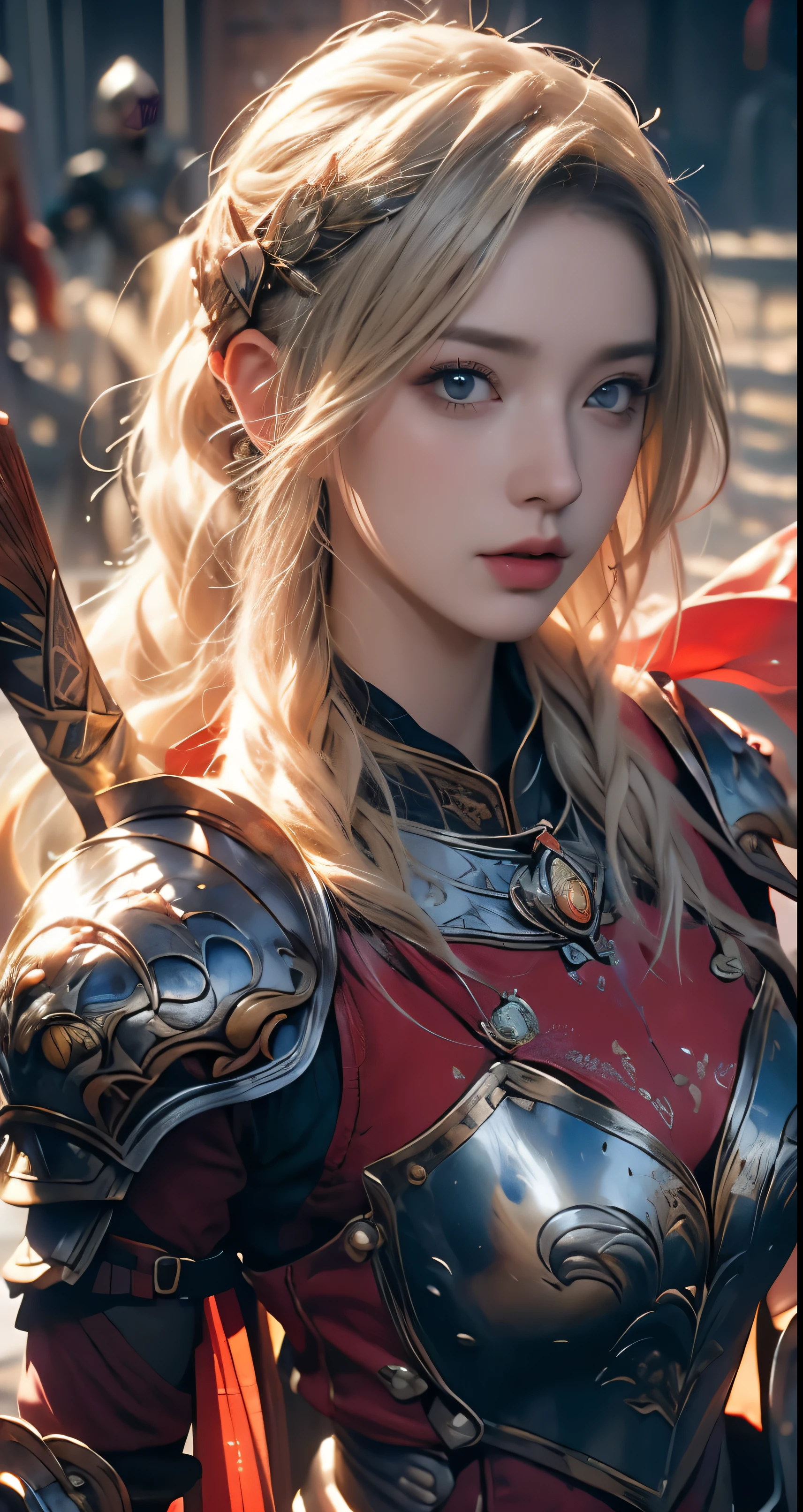wearing a hijab and dimples, around 17 years old, (plain red hijab), tmasterpiece,Best quality at best,A high resolution,8K,((Portrait)),(Head close-up),Original photo,real photograph,digital photography,(Female adventurers in the medieval fantasy style),(Medieval Valkyrie in fantasy style),18-year-old girl,(Hair gradients of blonde and red),blue短发,Red eyelue and long gradient short hair,blue),(super huge round perfect breasts),An extravagant ornament,cparted lips,Keep your mouth shuegant and charming,((Blushing)),haughty contempt,Calm and handsome,(Medieval fantasy combat suit,Joint Armor,Lightweight golden protection,The Beautiful Magic Badge,Medieval armor combined with leather and silver,A delicate pattern,Cloak),(Woman warrior),Photo pose,medieval characters,medieval fantasy style,Ancient castle background,ruin, oc render reflection texture, sexy style, golden sexy breast bra armor , angelic silver tiara,