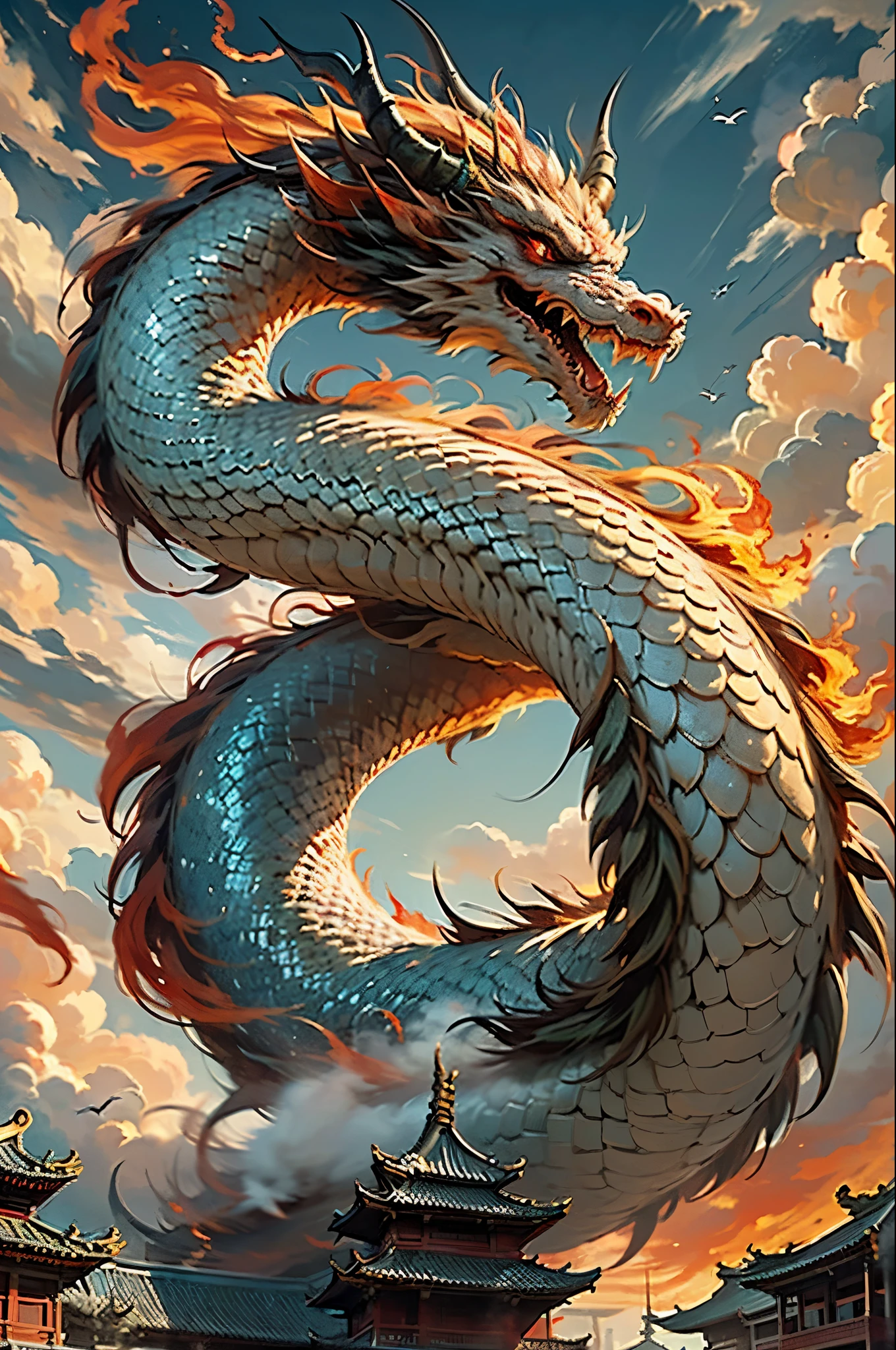 (best quality:1.2, masterpiece:1.2, high resolution:1.2), no humans, (long:1.2), clouds, architecture, East Asian architecture, red eyes, horns, open mouth, sky, fangs, Eastern dragon, cloudy sky, teeth, flying, fire, bird, wings