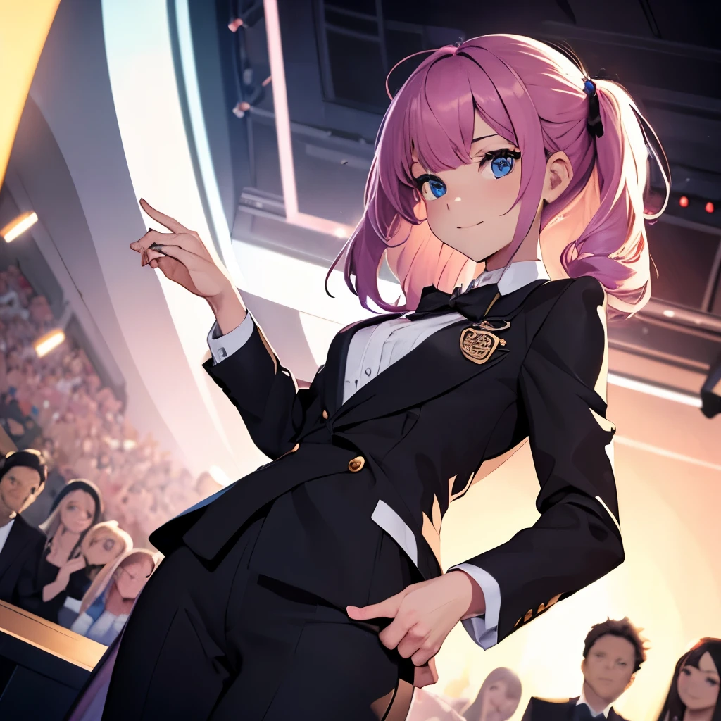 ((masterpiece,highest quality)),whole body,mid shot, high school student, Standing in a unique pose, 1 girl wearing a tuxedo, looking at the audience, black pants, (Held out hand:1.4), cheerful smile, pink hair, long hair, long sleeve, blue eyes, small breasts,Front facing,Happy, concert, cinematic lighting, Balance and visual appeal with rule of thirds composition, positive, (Musical notes that float like magic), (vibrant:1.2)