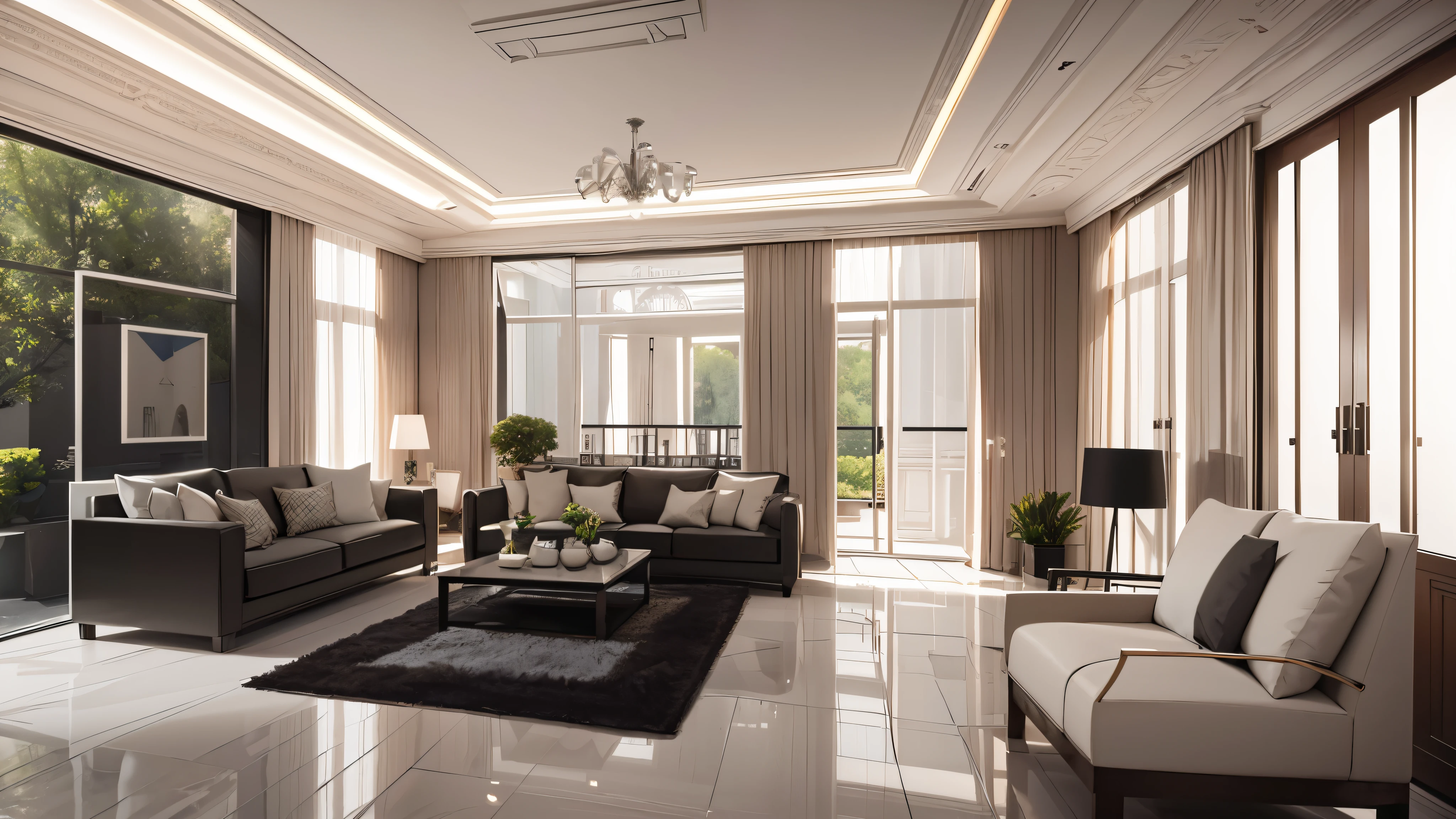 You are a famous interior designer、You have been asked to create a 3D image of a modern large room. Create a harmonious environment with modern and minimalist furniture. Including garden interior.