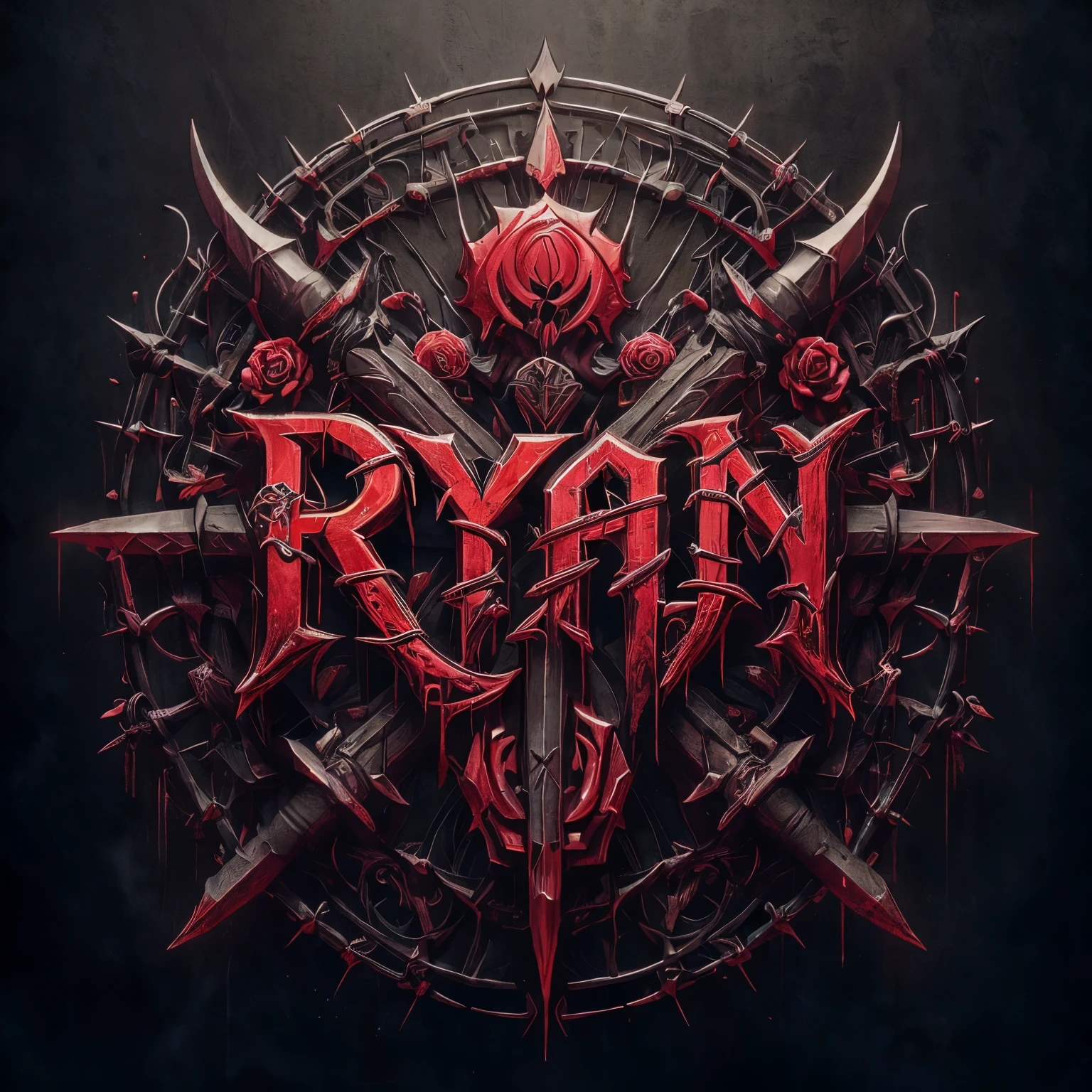 logo heavy metal gotik sangat rumit bertuliskan "RYAN" text berwarna merah darah. berkawat duri ada bunga mawar dan belati .background darkness. hyper realistis photo realistis 8k