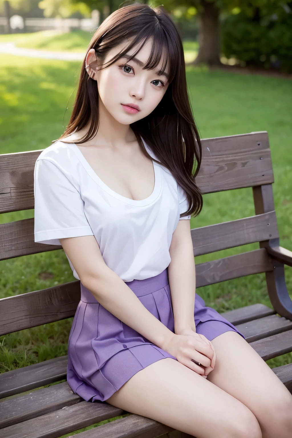 highest quality、masterpiece、park bench、(Photoreal:1.4)、((beautiful girl:1.6)), (Girl with small breasts)、16 years old、(small breasts:1.3)、(beautiful breasts)、((small breasts))、((BDSM))、high school girl uniform、open oxford shirt、pleated pread your legs、beautiful girl、asian beauty、dark brown hair、((Super realistic details))、Portrait、very intricate details、realistic light、purple eyes、shining eyes、vivid details、surreal、8K、highest quality、masterpiece、very delicate and beautiful、Full body Esbian、