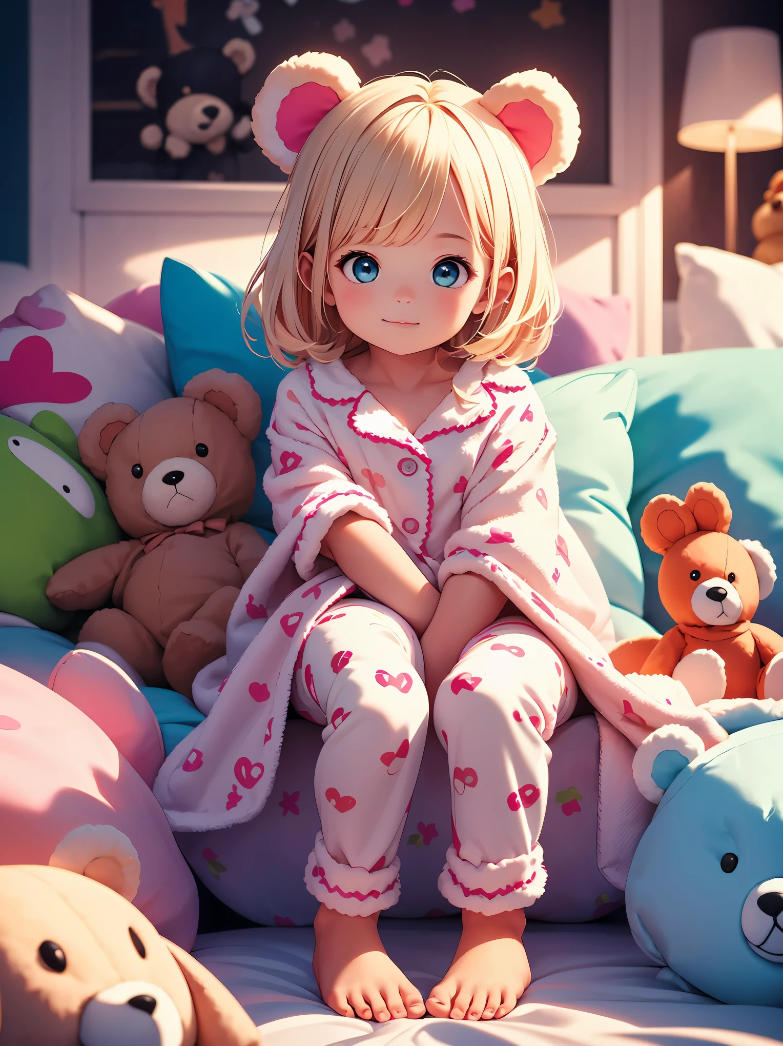 (8K, RAW photo, 最high quality, masterpiece:1.2), High-definition RAW color photo, Professional photo shoot, cinematic light, alone, ((1 , young giray with stuffed animals)), (detailed expression), full body shot, (((Bear costume, Costume pajamas)))beautiful skin, shiny skin, perfect fingers, five fingers, anatomically correct, background bokeh, high quality, surreal, bright colors, ((very detailed, photo shoot)),