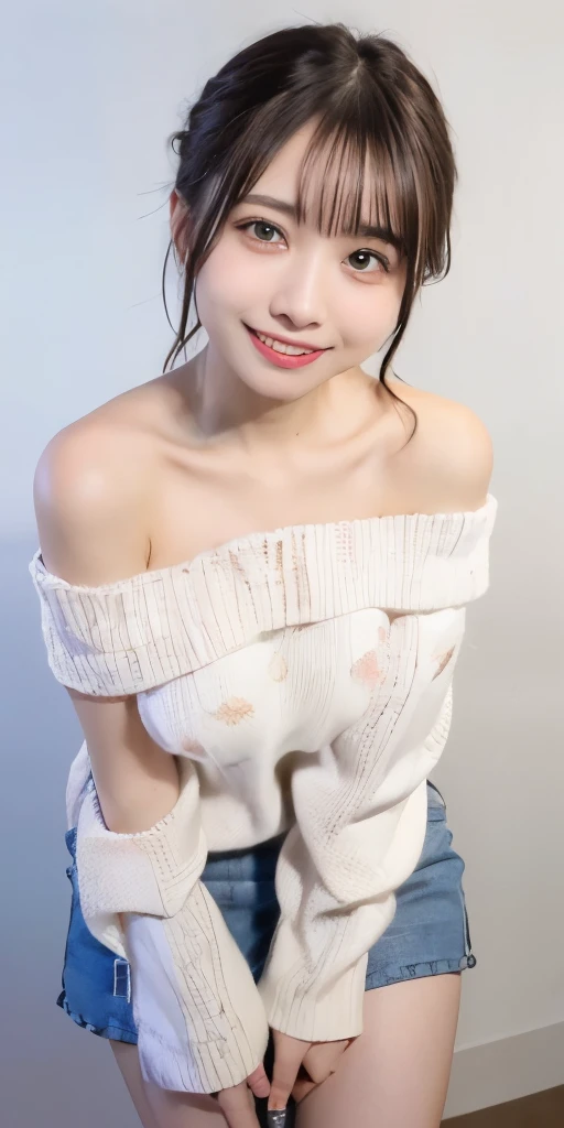 table top, highest quality, 
super detailed, finely, High resolution, In 8K,
((Photoreal:1.4, Raw photo, Super high resolution,best image quality: 1.4)),
wallpaper, 
((Perfect whole body composition 1.5)), 
beautiful and fine eyes, natural color lip,
((穏やかなsmile:1.5)),
((random cute hairstyles)), 
((pretty big breasts:1.2)),
((from the front:1.5)),
((brain out、under the eyes、brain out、mole on arm:0.9)),
((random blurred background)),
((Random and cute expressions)),, 
Highly detailed and professional lighting、facing the front、
perfect dynamic composition, beautiful and fine eyes,((leaning forward)), ((off shoulder knit sweater:1.6)),((micro mini skirt:1,5)),((smile,Harajuku)),((sexy shot looking at camera))
