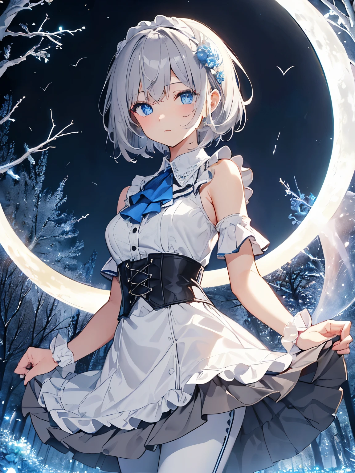 Idol、masterpiece、highest quality、beautiful expression、absurd、nffsw、(cowboy shot、White Ruffle Lace Mini Dress、white collar、white ruffle cuff、particle:1.5)、(bloom、shine:1.4)、(laughter)、(short gray hair、blue eyes:1.7)、sharp focus、Photoreal、High resolution、most detailed、super detailed、detailed face and eyes、sharp pupils、realistic student、sharp focus、 shiny skin、black corset、(dark forest、moon、dark background:1.5)、rim lighting、dynamic, cinematic lighting、(((lift up the skirt:1.3)))、(((I can see white pants)))、