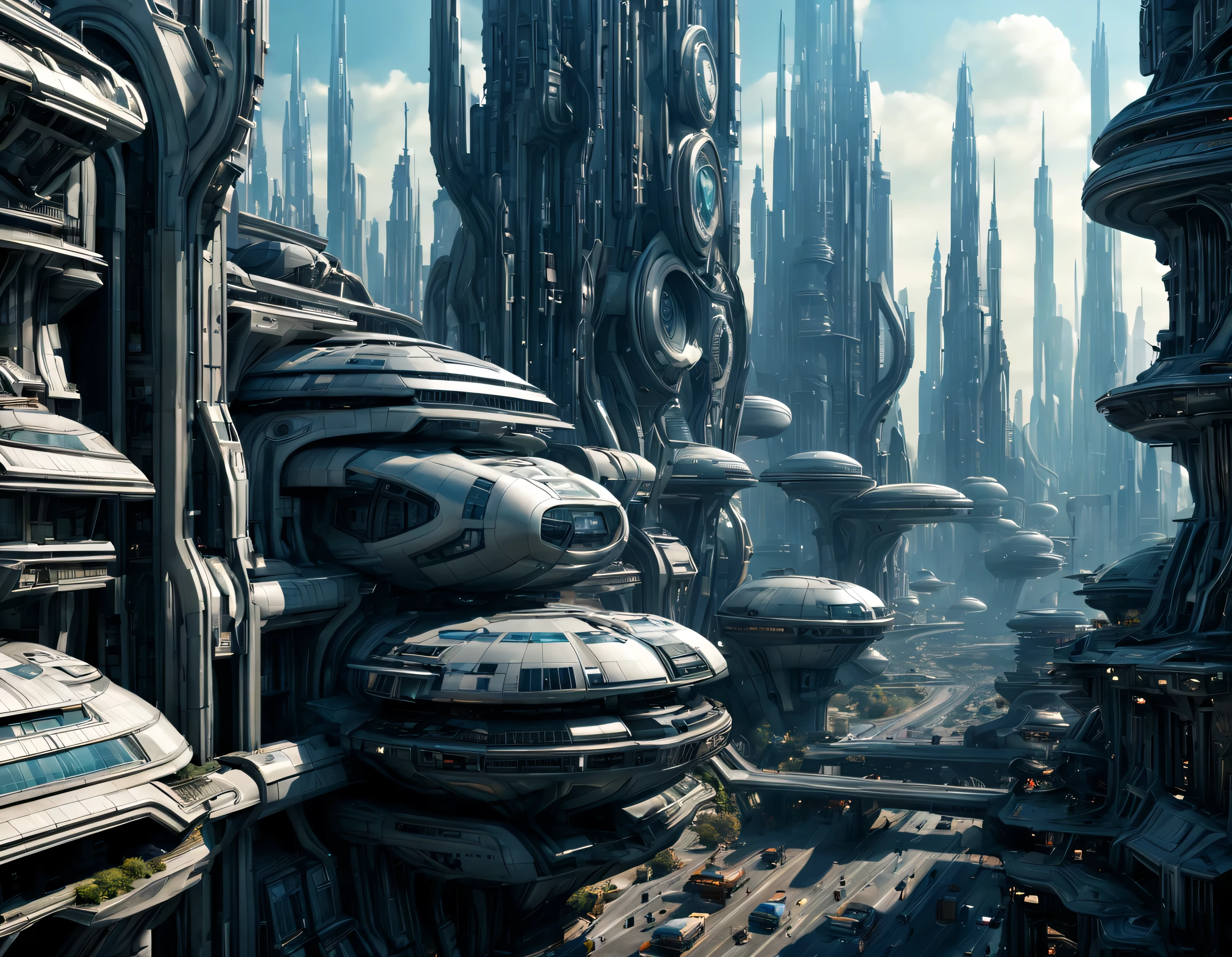 On an unknown planet there is a futuristic fantasy city similar to the one in the movie Tomorrowland., with huge buildings of super technological design, puentes entre edificios, que forman una infinita avenida con estructuras acristaladas y de metal, con Colores vivos, pavimento ensolado sin brillo, poca gente paseando, similar a Coruscant, imagen bien definida 8k, (intrincados detalles de la maquina), con muchos edificios juntos.(obra maestra de superior calidad).(imagen fotorrealista), nitidez absoluta hasta el fondo.