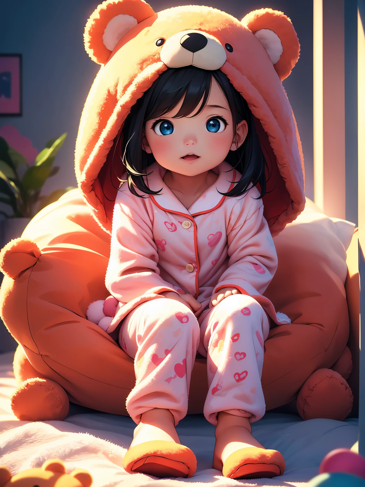 (8K, RAW photo, 最high quality, masterpiece:1.2), High-definition RAW color photo, Professional photo shoot, cinematic light, alone, ((1 baby girl, young girl, play with stuffed animals)), (detailed expression), full body shot, (((Bear costume, Costume pajamas)))beautiful skin, shiny skin, perfect fingers, five fingers, anatomically correct, background bokeh, high quality, surreal, bright colors, ((very detailed, photo shoot)),