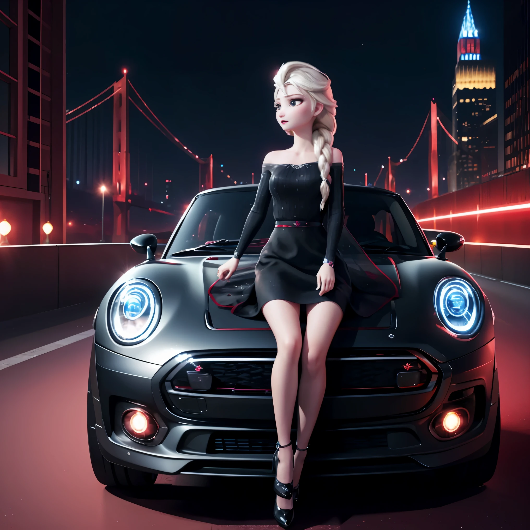 Elsa、beautiful clear expression, Elsa, knit dress、black mini skirt、high quality、urban highway night view background、車の隣に立つElsa、(red luxury sports car)
