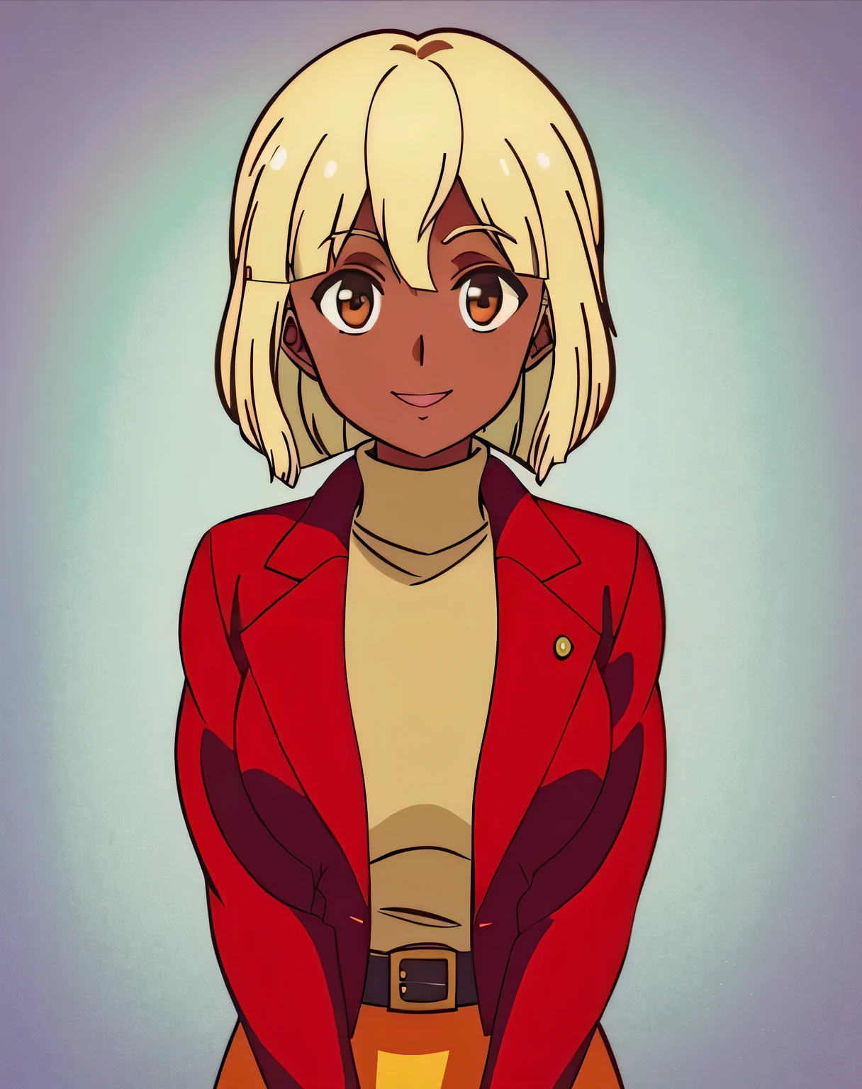 LISAVANETTA,1GIRL,BLONDE HAIR,SHORT HAIR,DARK SKIN, 1girl, solo, upper body, facing viewer, (looking at viewer:1.5), in the center, smile, RED JACKET,SWEATER,TURTLENECK, BELT,YELLOW SKIRT