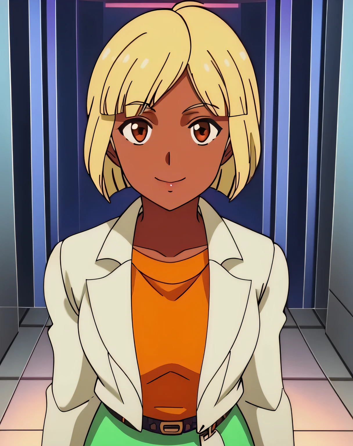LISAVANETTA,1GIRL,BLONDE HAIR,SHORT HAIR,DARK SKIN, 1girl, solo, upper body, facing viewer, (looking at viewer:1.5), in the center, smile, WHITE JACKET,ORANGE SHIRT,BELT, GREEN SKIRT,
