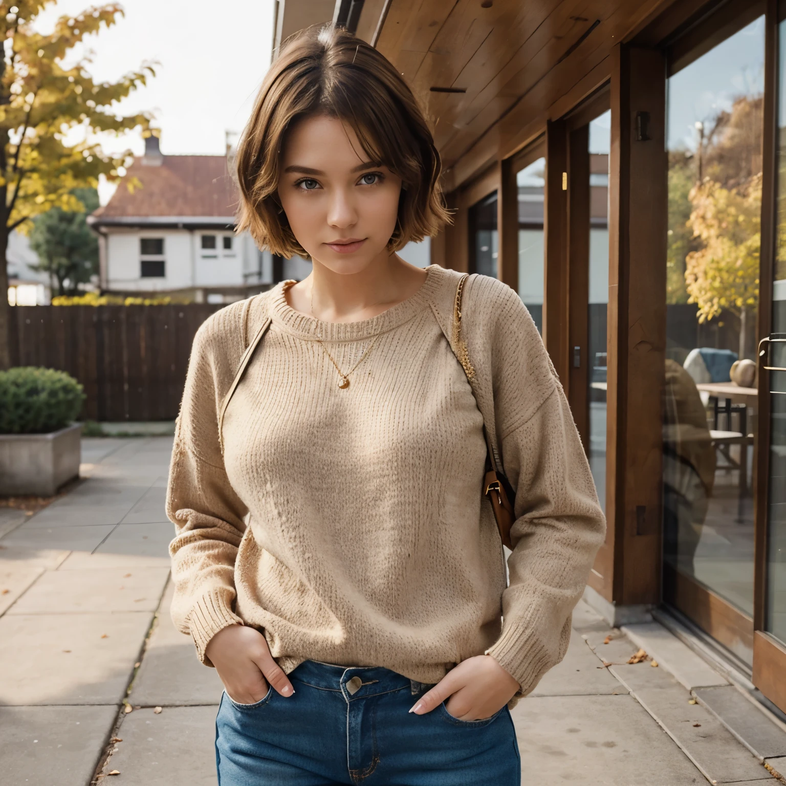 realistic girl age of 30 with jean pants and maple color sweater. golden brown short hair