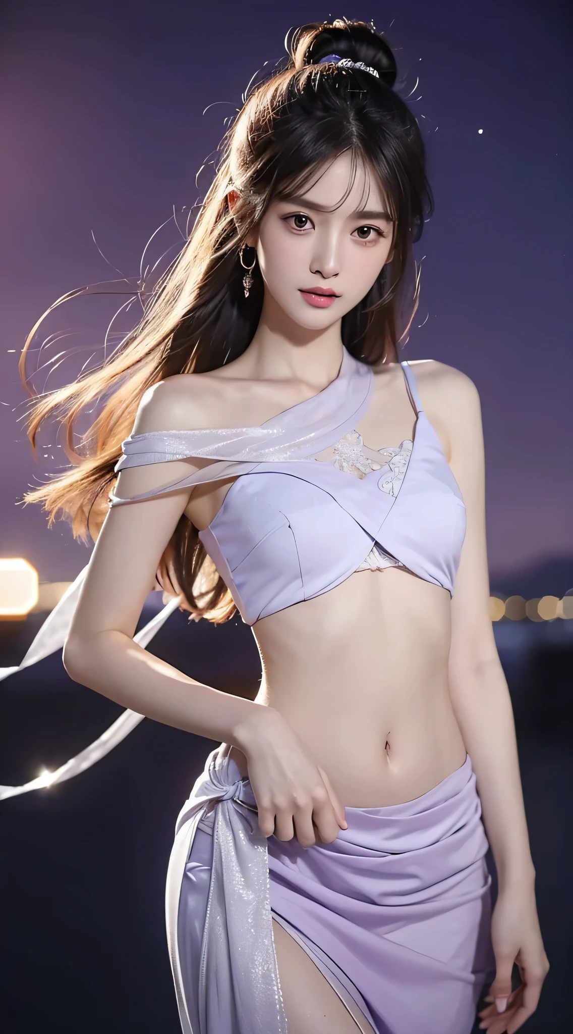 Half body photo, a beautiful woman, messy hair, girly, Symmetrical bun, hair accessories, jewelry, delicate face, eye shadow, purple top, purple, purple, crop navel, purple long skirt, Dunhuang style, delicate embroidery, silver jewelry, silver streamer, white streamer, Light blue streamer, delicate skin, soft Light effect, delicate and Light滑的 hair, Exquisite details, Eye highLights, White skin, Delicate depiction, extreme details, quality, thin, thin and long, broken, hair details, thin bangs, Shawl hair, right body, shadow, air bangs, 8k, Super fine, fine fabric texture, soft, Light滑的, Light滑的 texture, Dunhuang style, Beautiful pattern, correct hand painting, anatomically correct, precise, night, dark night, Light, Tyndall effect, Light线追踪, Head-up display,