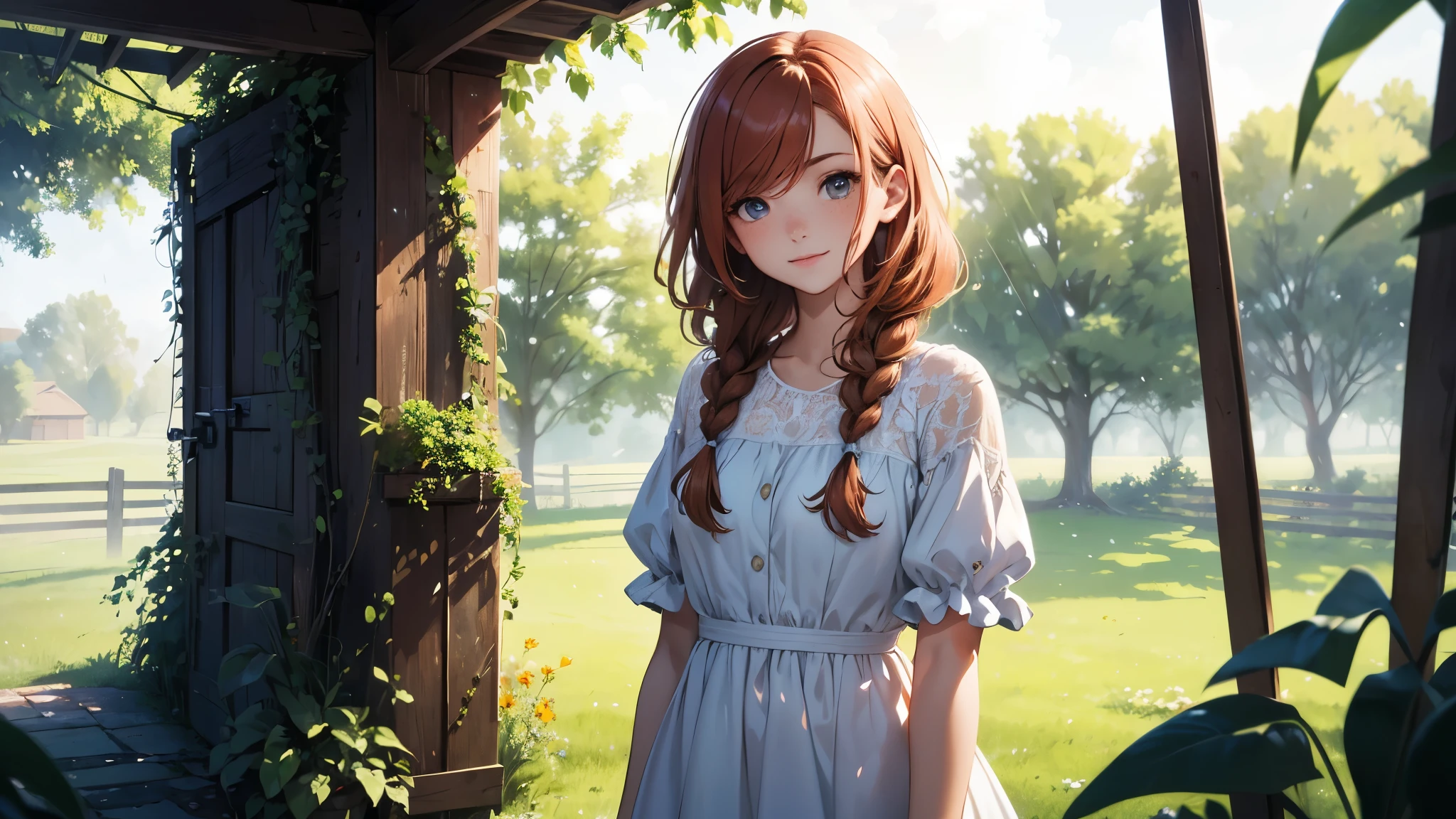 ((masterpiece,best quality,ultra detailed,ultra high res,detailed country yard background)), soft realistic focus, dynamic shadows, realistic image, vibrant colors,light leaks,dreamy atmosphere,chiaroscuro,BREAK
experimental charm, The girl is depicted in full growth, you see the girl from head to toe, nostalgic appeal, country girlfriend, she take you with yourself, simple open short dress, soft mischievous smile, freckles, shiny light red hair, she will take your hand, thick braids, music by Ennio Morricone, fresh and romantic morning, spring coolness, light cold rain, comfortable being together