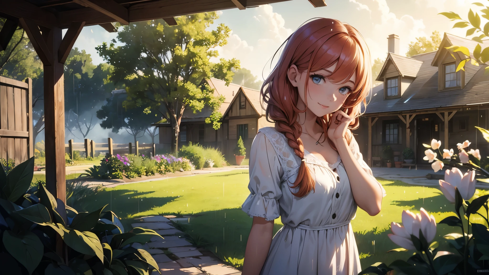 ((masterpiece,best quality,ultra detailed,ultra high res,detailed country yard background)), soft realistic focus, dynamic shadows, realistic image, vibrant colors,light leaks,dreamy atmosphere,chiaroscuro,BREAK
experimental charm, The girl is depicted in full growth, you see the girl from head to toe, nostalgic appeal, country girlfriend, she take you with yourself, simple open short dress, soft mischievous smile, freckles, shiny light red hair, she will take your hand, thick braids, music by Ennio Morricone, fresh and romantic morning, spring coolness, light cold rain, comfortable being together