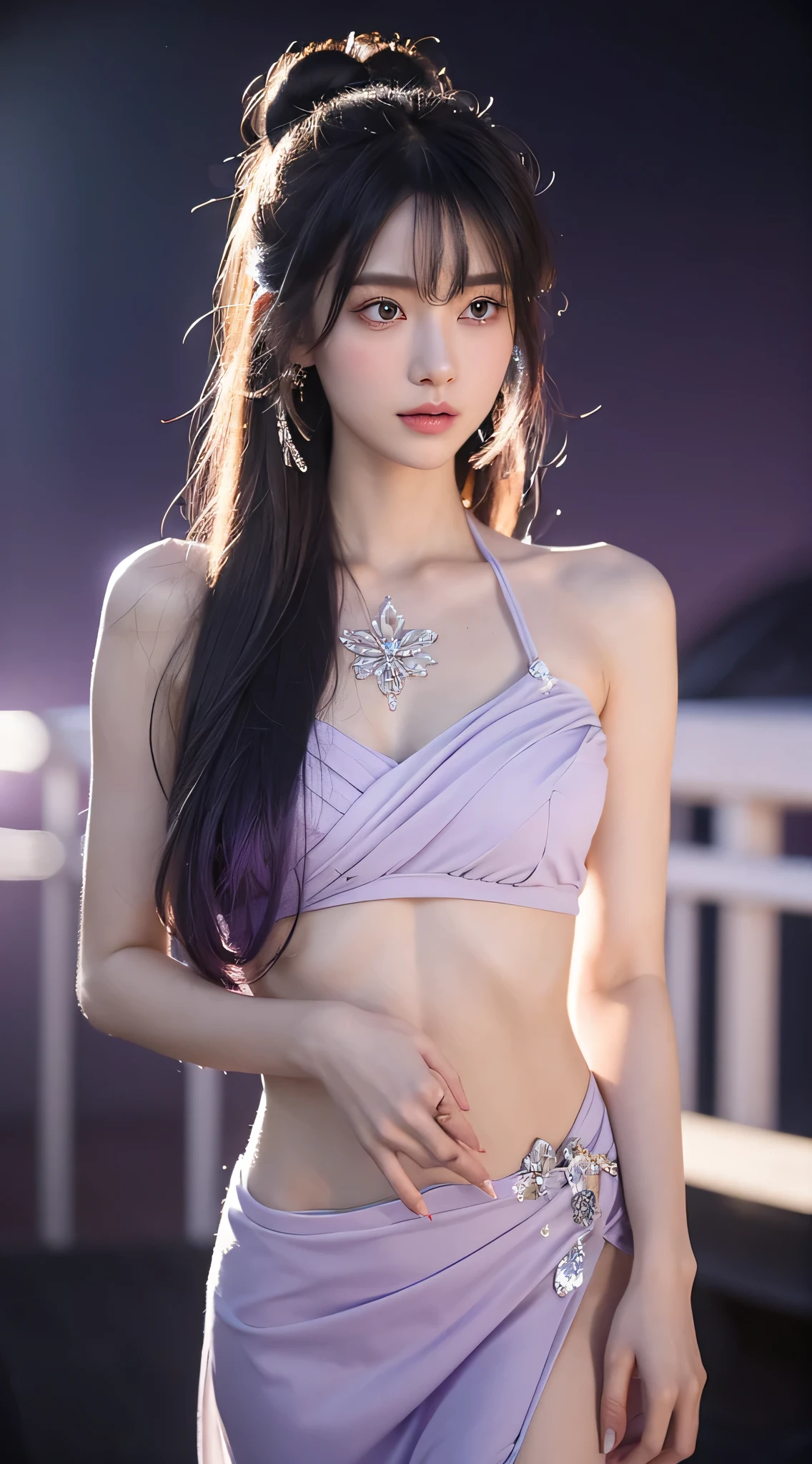 purple bow hair accessory,Purple hair JK suit,Young Hong Kong girl,large green eyes,freshman,The skin is delicate and delicate,Kneel gracefully,Charming long legs,Face forward,Plump and tender muscle lines,A shallow smile,cheeks slightly red,Comb long hair with your fingers