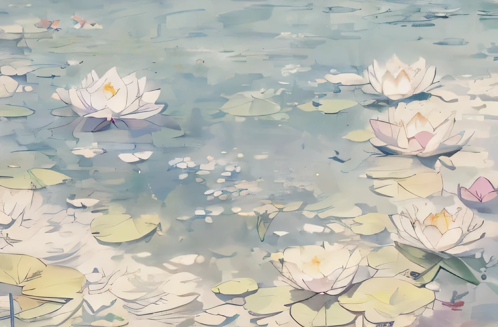 High resolution,background white,(Water lily flower),There is nothing in the middle space, And petals are scattered around it..,An illustration,There are no people,There are no people