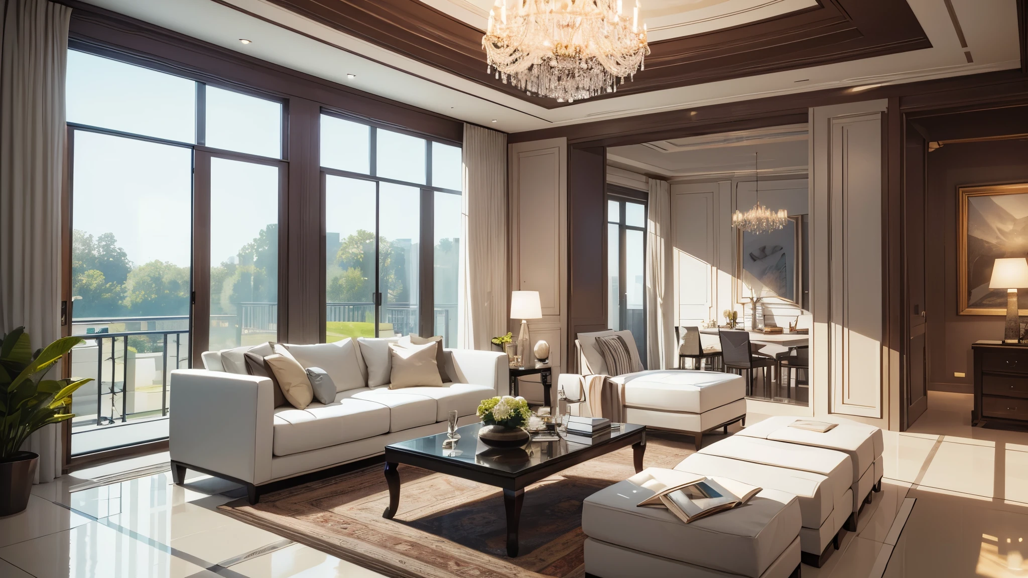 You are a famous interior designer、You have been asked to create a 3D image of a modern large room. Create a harmonious environment with modern and minimalist furniture. Including garden interior.