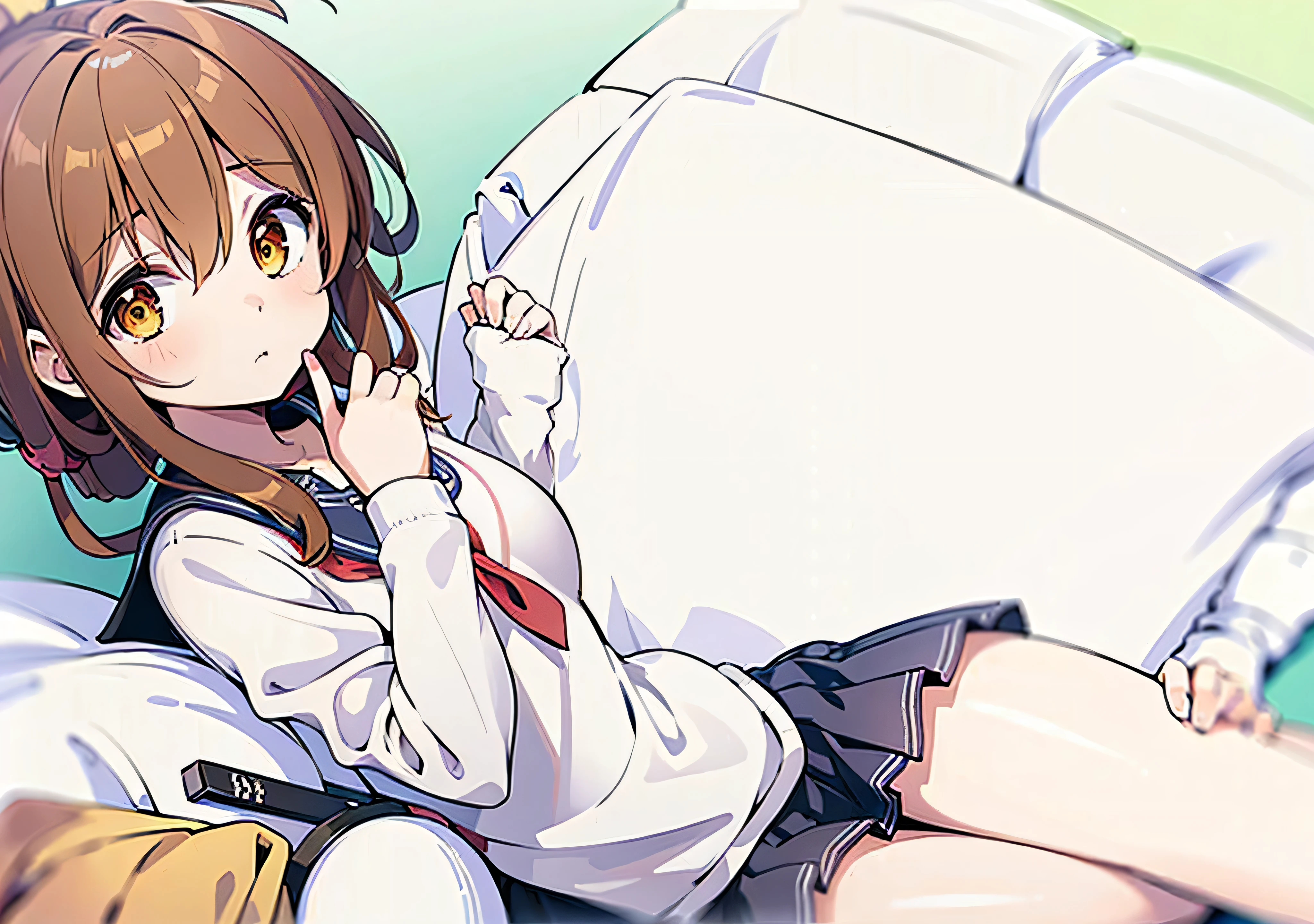 (masterpiece, highest quality:1.2),figure,8K,HD,1 girl,alone,Upper body,(portrait:1.2),Brown_hair,folded_ponytail,Brown_eye,serafuku,length_hair,School_uniform,skirt,pleats_skirt,