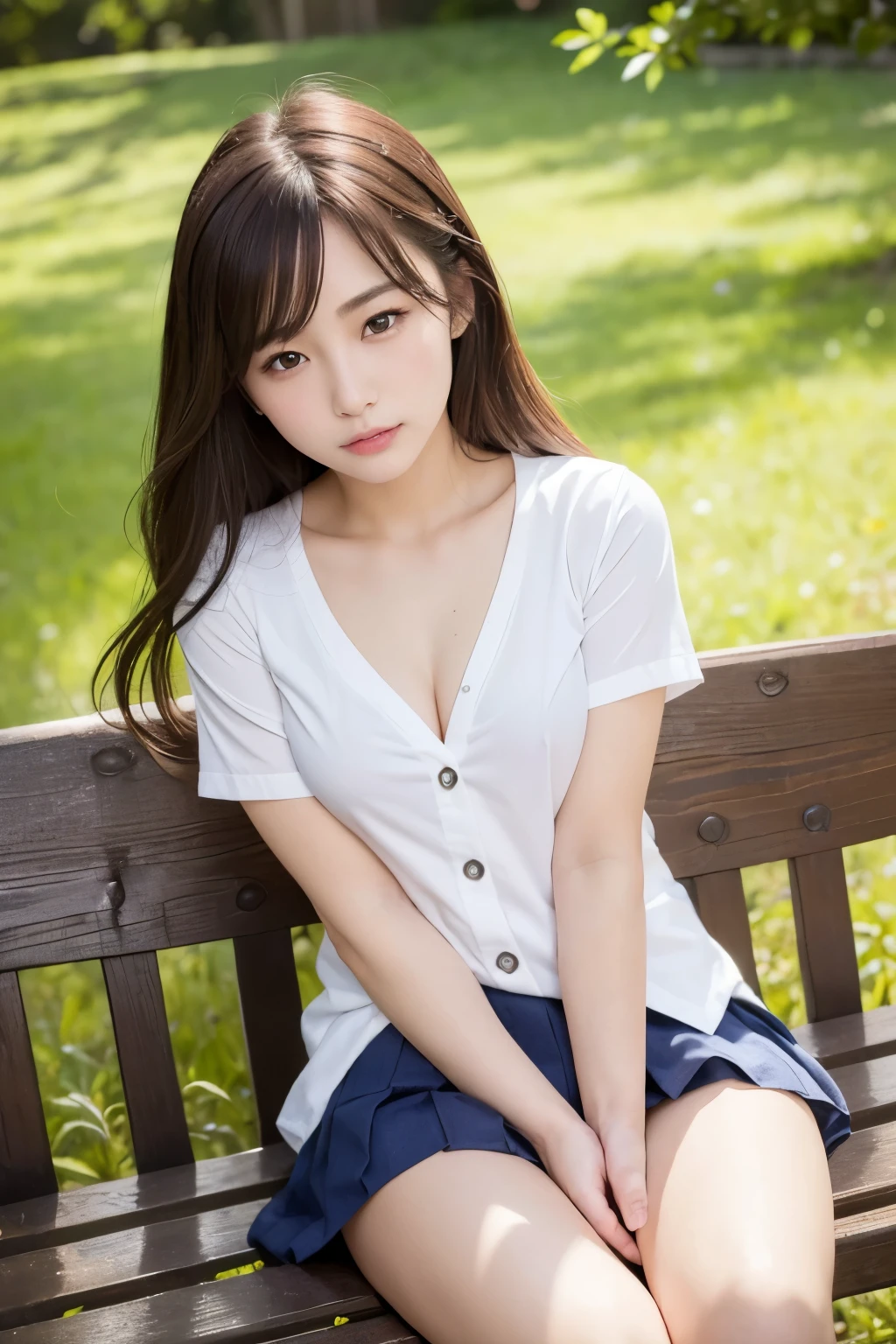 highest quality、masterpiece、park bench、(Photoreal:1.4)、((beautiful girl:1.6)), (Girl with small breasts)、、(small breasts:1.3)、(beautiful breasts)、((small breasts))、((BDSM))、high school girl uniform、open oxford shirt、pleated pread your legs、spread legs、release your knees、beautiful girl、asian beauty、dark brown hair、((Super realistic details))、Portrait、very intricate details、realistic light、shining eyes、vivid details、surreal、8K、highest quality、masterpiece、very delicate and beautiful、Full body Esbian、