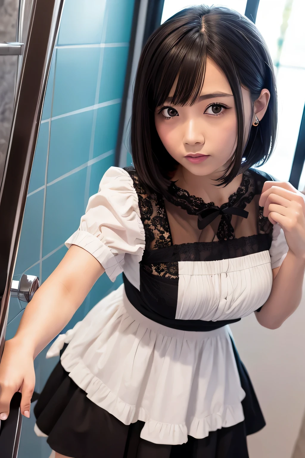mini skirt、whole body、Image looking up from below、taking a shower、one beautiful maid、short black hair