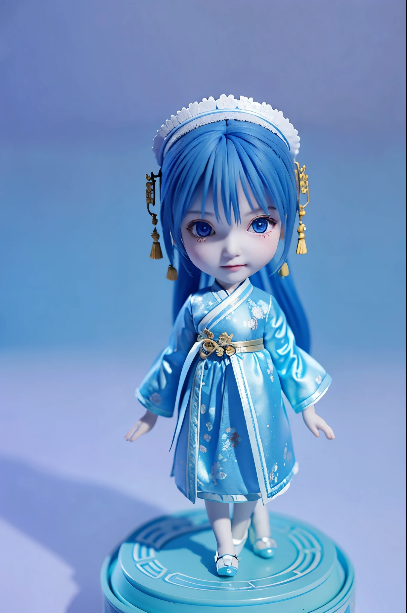 （chibi:1.4）,full body a woman in a blue dress，Close-up of dolls, CG Social Trends, fantasy art, cute porcelain doll，Paired with ancient Chinese costumes, Inspired by ancient coins, Chinese traditional clothing
