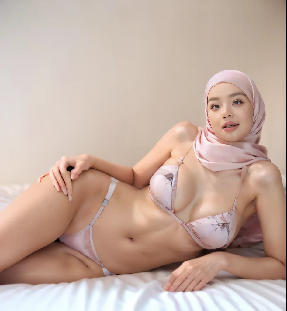 (k, RAW photo, masterpiecel1.4, realistic, photo-realistic, HD quality, best quality, 8k resolution, 2 beautiful malay girl, ((room background)), ((laying down a bed)), ((sleeping on a bed)), ((face viewing camera)), photo of a women girl with light red hijab, (lighting), ((big-breasted), ((perfect body)), ((soft smile face)), ((sexy seductive poses)), ((wearing sexy pastel satin bikini red)), ((erotic nipple)), ((milk cum on face))