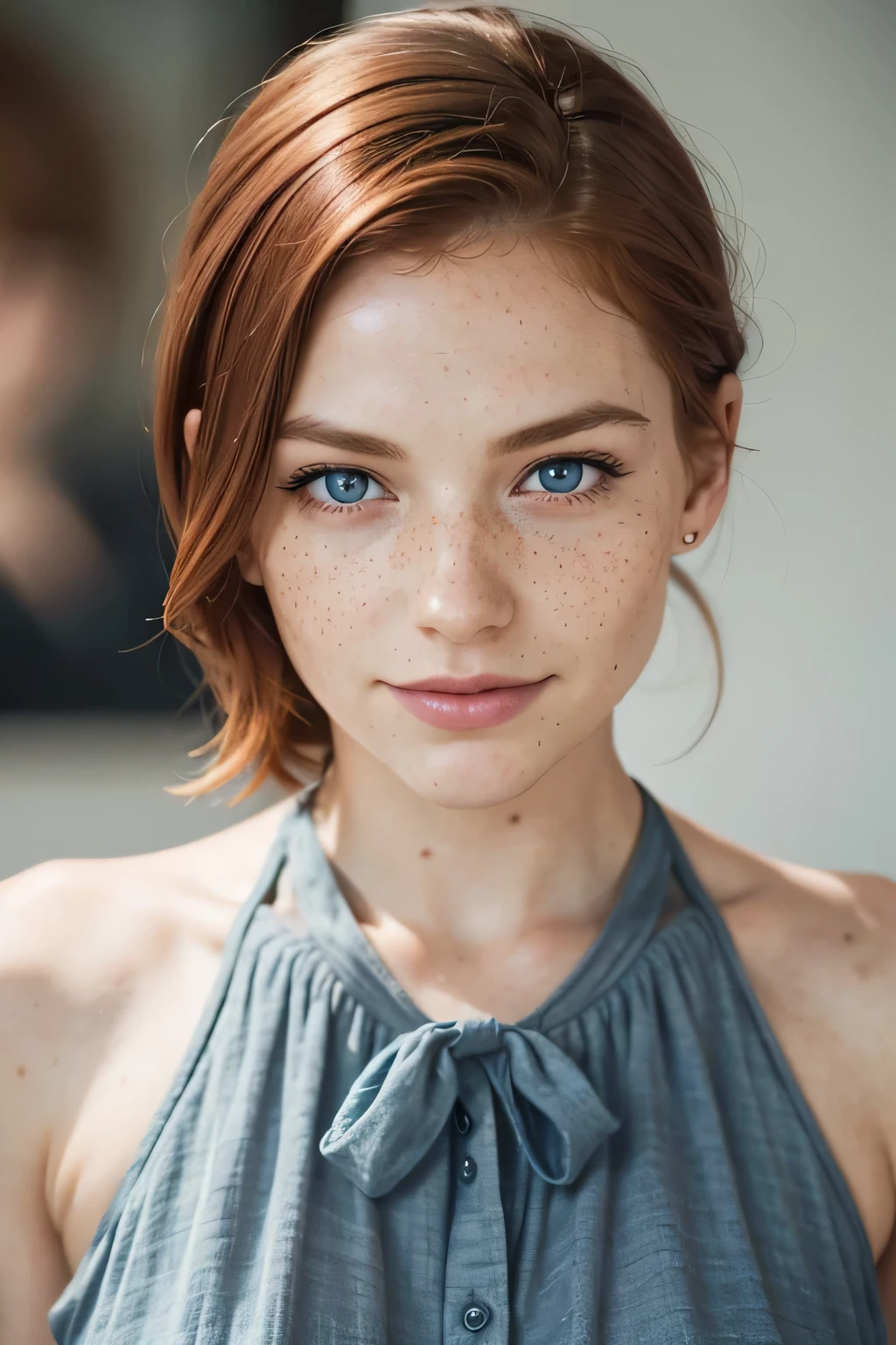 feminine figure, redhead, freckles, best quality, realistic skin texture, photography, detailed facial features, film grain texture and high contrast, extremely high-resolution details, photographic, photorealistic, hyper-realistic, HDR, masterpiece, short hair, blue eyes, extremely detailed eyes, prefect round eyes, living room background, dressed up for birthday party, entire upper body portrait, exited, happy, smiling, glowing, bun