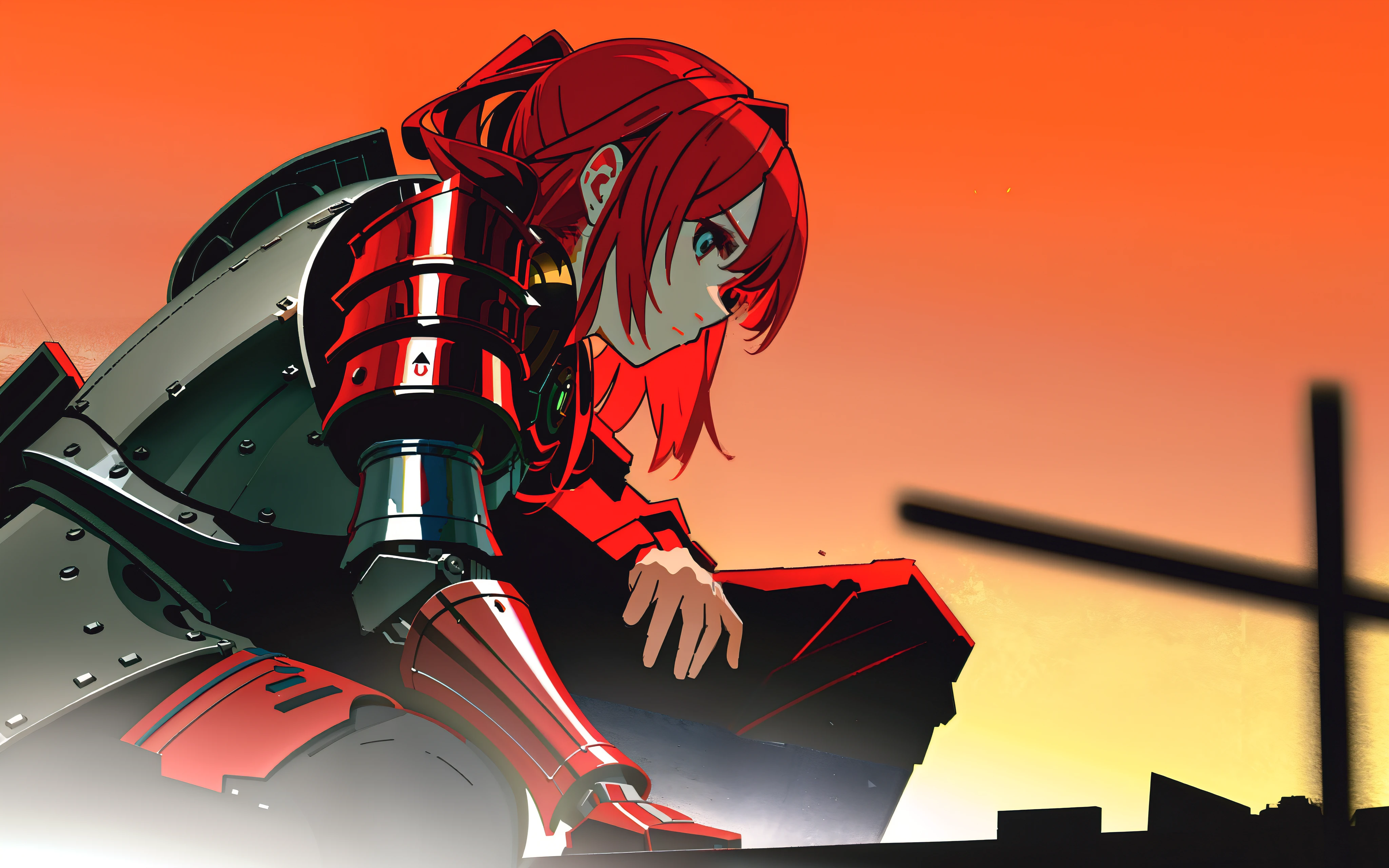fighting beautiful girls，wearing armor，Red armor，The whole body is full of mechanical feeling，The rising sun is ready，The backdrop is a war-torn city，3D，computer graphics image processing。