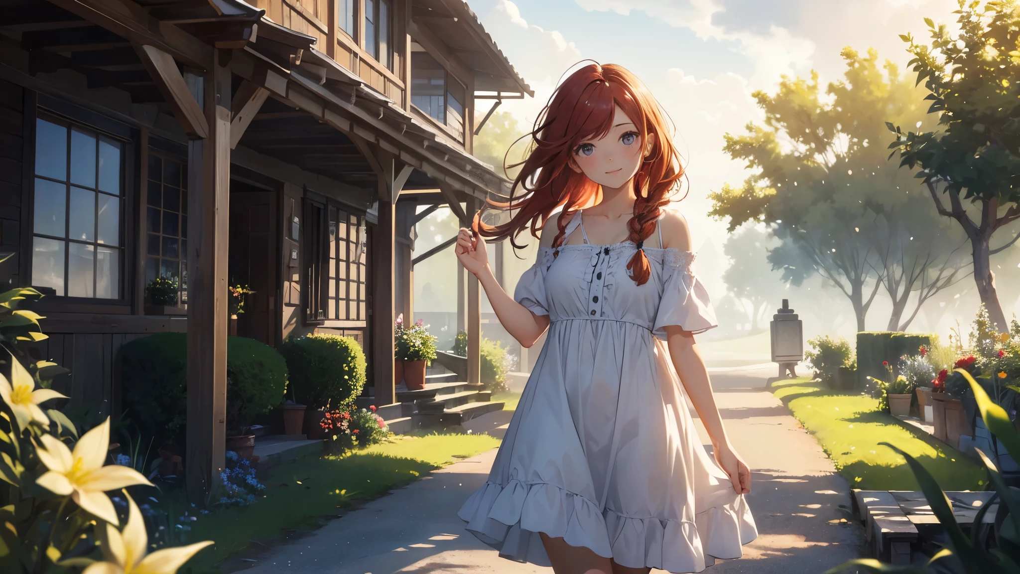 ((masterpiece,best quality,ultra detailed,ultra high res,detailed country yard background)), soft realistic focus, dynamic shadows, realistic image, vibrant colors,light leaks,dreamy atmosphere,chiaroscuro,BREAK
experimental charm, The girl is depicted in full growth, you see the girl from head to toe, nostalgic appeal, country girlfriend, she take you with yourself, simple open short dress, soft mischievous smile, freckles, shiny light red hair, she will take your hand, thick braids, music by Ennio Morricone, fresh and romantic morning, spring coolness, light cold rain, comfortable being together, It’s gloomy now, but the clouds will clear in the future and a bright future awaits you