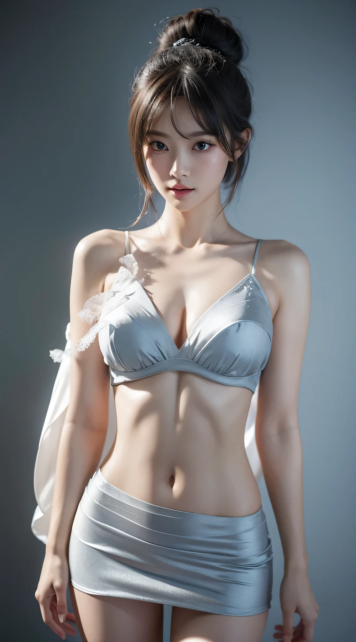 Half body photo, a beautiful woman, messy hair, girly, Symmetrical bun, hair accessories, jewelry, delicate face, eye shadow, belly button, Dunhuang style, delicate embroidery, silver jewelry, silver streamer, white streamer, Light blue streamer, delicate skin, soft Light effect, delicate and Light滑的 hair, Exquisite details, Eye highLights, White skin, Delicate depiction, extreme details, quality, thin, thin and long, broken, hair details, thin bangs, Shawl hair, right body, shadow, air bangs, 8k, Super fine, fine fabric texture, soft, Light滑的, Light滑的 texture, Dunhuang style, Beautiful pattern, correct hand painting, anatomically correct, precise, night, dark night, Light, Tyndall effect, Light线追踪, Head-up display, big breasts, split, mini skirt, light blush