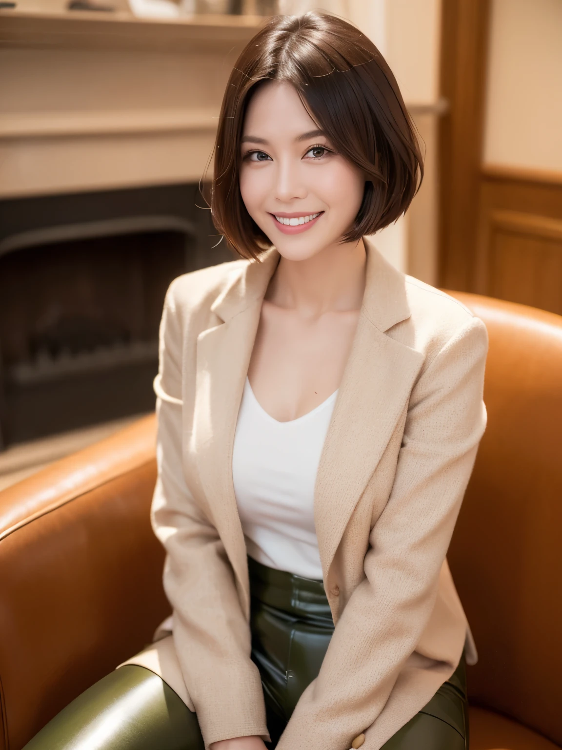 black hair, solid circle eyes, light smile, brown hair, short hair, bob cut, wide-eyed, Surrealism, drop shadow, anaglyph, stereogram, atmospheric perspective, cinematic lighting, f/2.8, Nikon, 8k, super detail, best quality, textured skin, anatomically correct, masterpiece ,masterpiece,highest quality, (1 milf、38 years old), ((close:0.5)), glare, (wool jacket) , (genuine leather pants)、 white shirt, double eyelid, lip gloss, (smile:1), ((close your eyes:0.85)), ((looking at the viewer))、(The whole body is shown)、((sitting in a chair)), born, (From above:0.2), ((no one)), (office)、Depth of bounds written、(short hair of reddish-brown color wet and shiny,),red mouth,clavicle、full body portrait、digital illustration, (Photoreal:1.3),(RAW photo.)