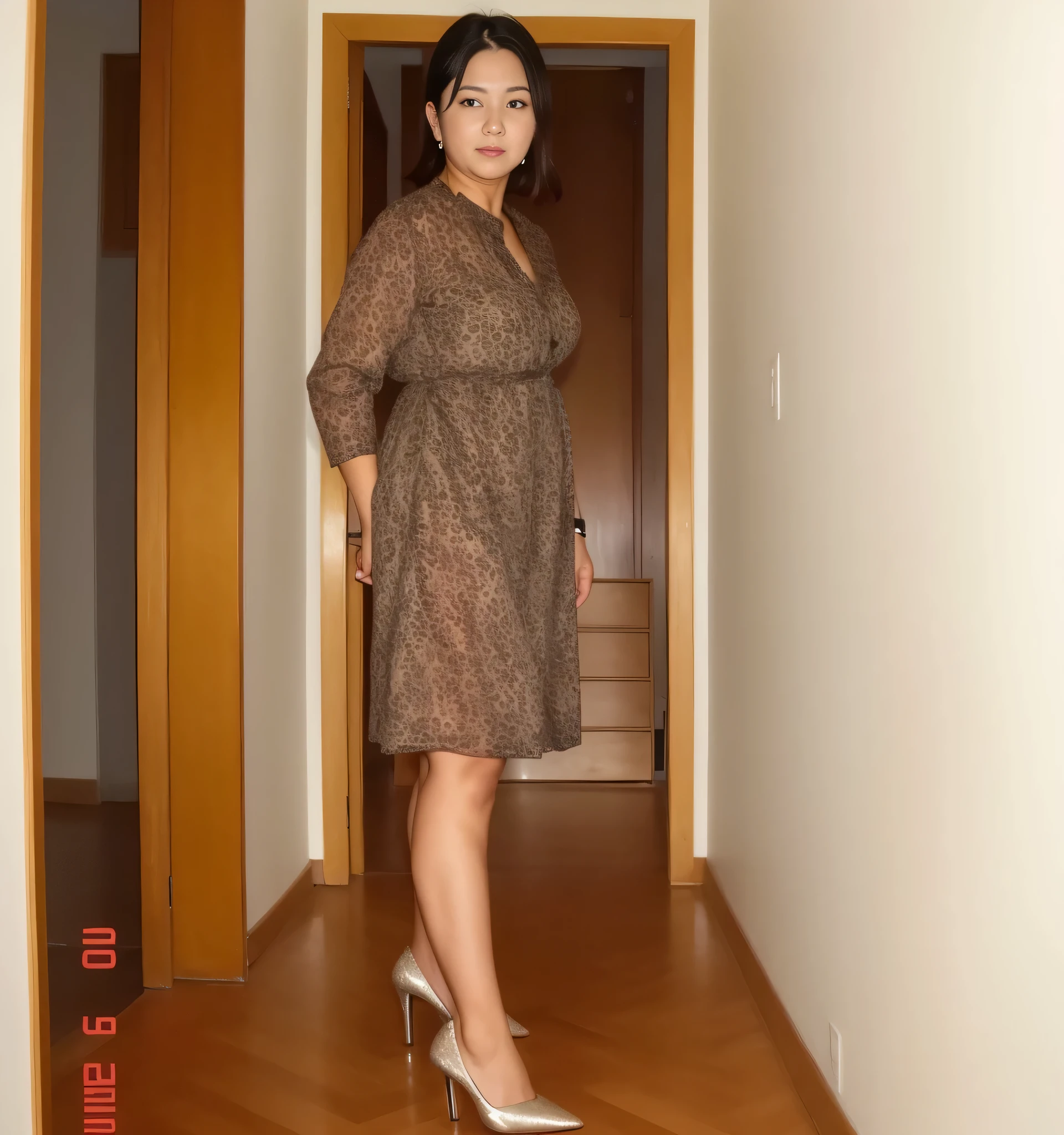 there is a woman standing in a hallway wearing high heels, completar_corpo!!, women completar corpo, completar length view, pose lateral, completar corpo wide shot, usando um vestido prateado, imagem de perfil, front side completar, completar corpo!, completar corpo pictures, 30 anos mulher, completar corpo shot!!, completar corpo picture, portrait completar corpo, usando um vestido. . foto de corpo inteiro, Limpar foto, alta qualidade, high resolution, obra de arte, 8k.