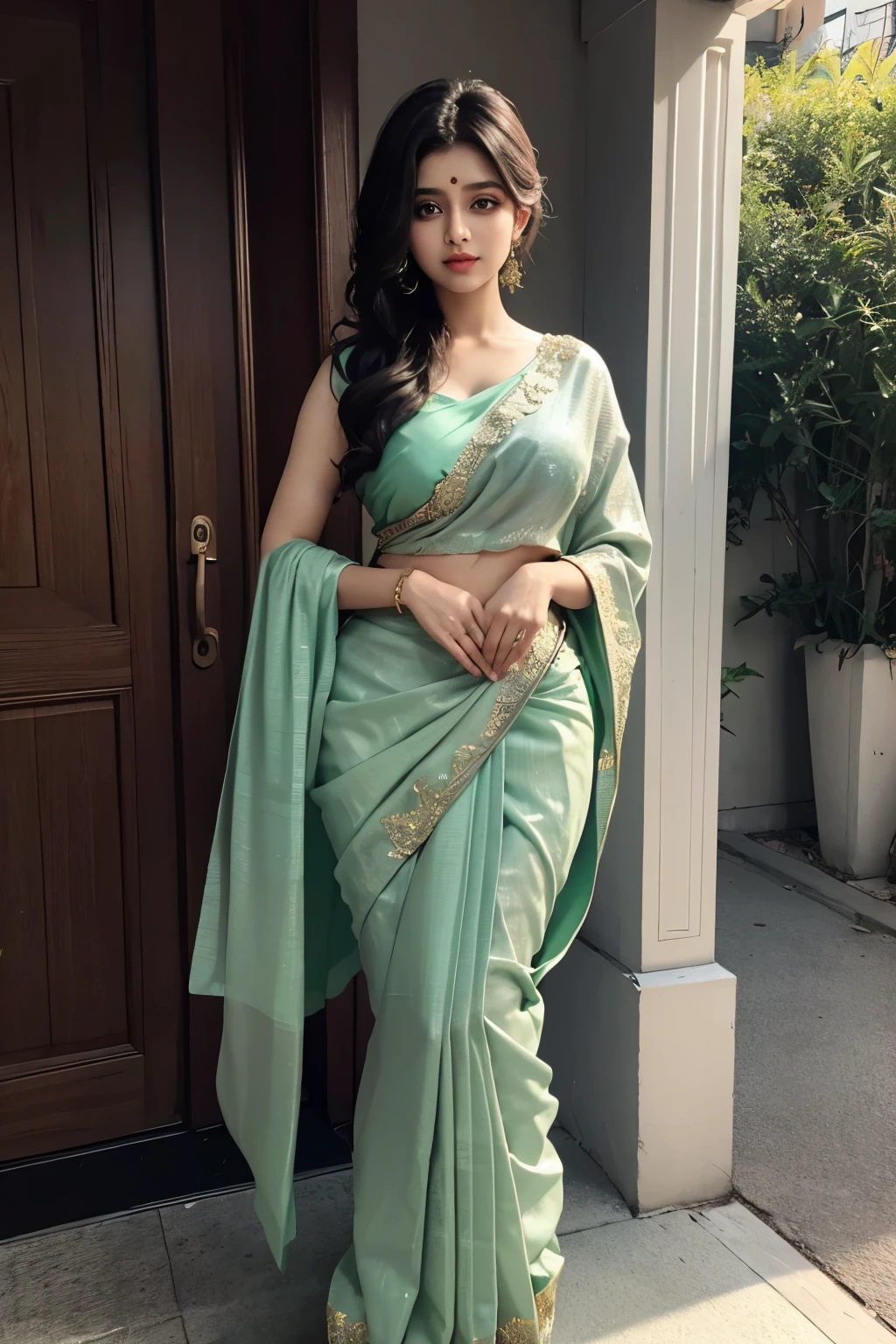 Indian dress code in saree girl green colour saree 