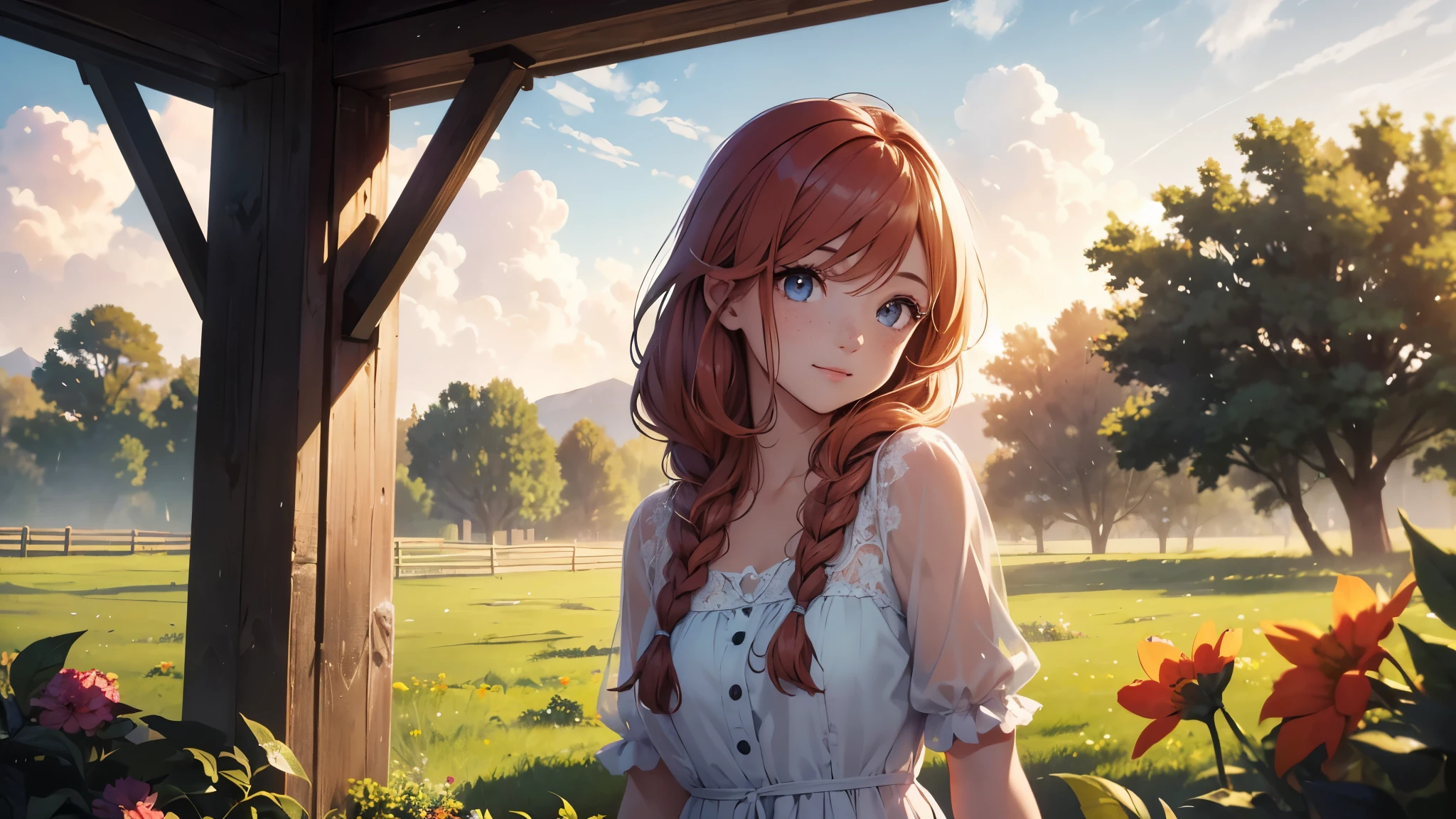 ((masterpiece,best quality,ultra detailed,ultra high res,detailed country yard background)), soft realistic focus, dynamic shadows, realistic image, vibrant colors,light leaks,dreamy atmosphere,chiaroscuro,BREAK
experimental charm, The girl is depicted in full growth, you see the girl from head to toe, nostalgic appeal, country girlfriend, she take you with yourself, simple open short dress, soft mischievous smile, freckles, shiny light red hair, she will take your hand, thick braids, music by Ennio Morricone, fresh and romantic morning, spring coolness, light cold rain, comfortable being together, It’s gloomy now, but the clouds will clear in the future and a bright future awaits you