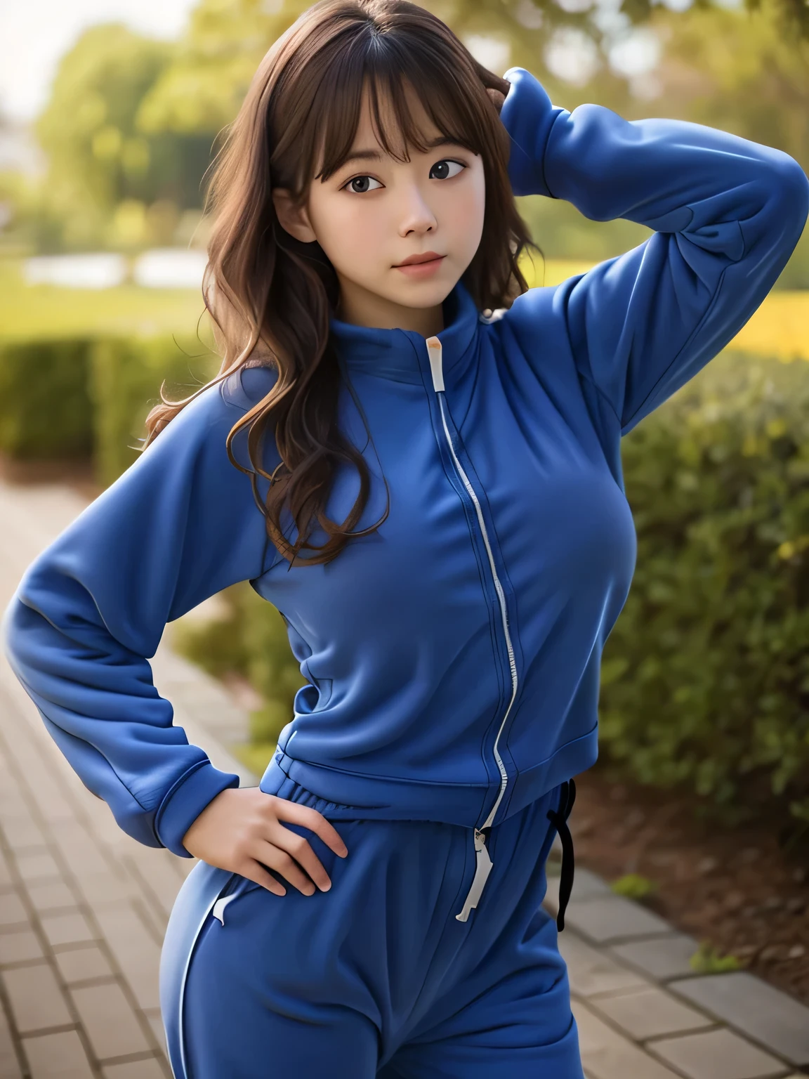 8K, highest quality, real image, intricate details, Super detailed, ultra high resolution, depth field,(realistic,realistic:1.2), (black eye), From the middle, 1 Japan girls, very beautiful 17 year old girl, Big eyes, beautiful breasts:1.5、highly detailed eyes:1.2), (beautiful breasts:1.1), (small breasts:1.5), wavy hair、curly hair、bangs, perfect skin, Fair skin, huge hips, thick thighs, thick legs, tight waist, light blush, alone, looking at the viewer, (frown), (blue tracksuit:1.5)
