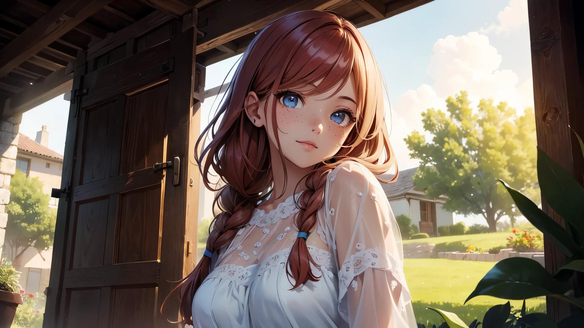 ((masterpiece,best quality,ultra detailed,ultra high res,detailed country yard background)), soft realistic focus, dynamic shadows, realistic image, vibrant colors,light leaks,dreamy atmosphere,chiaroscuro,BREAK
experimental charm, The girl is depicted in full growth, you see the girl from head to toe, nostalgic appeal, country girlfriend, she take you with yourself, simple open short dress, soft mischievous smile, freckles, shiny light red hair, she will take your hand, thick braids, music by Ennio Morricone, fresh and romantic morning, spring coolness, light cold rain, comfortable being together, raindrops and dampness outside