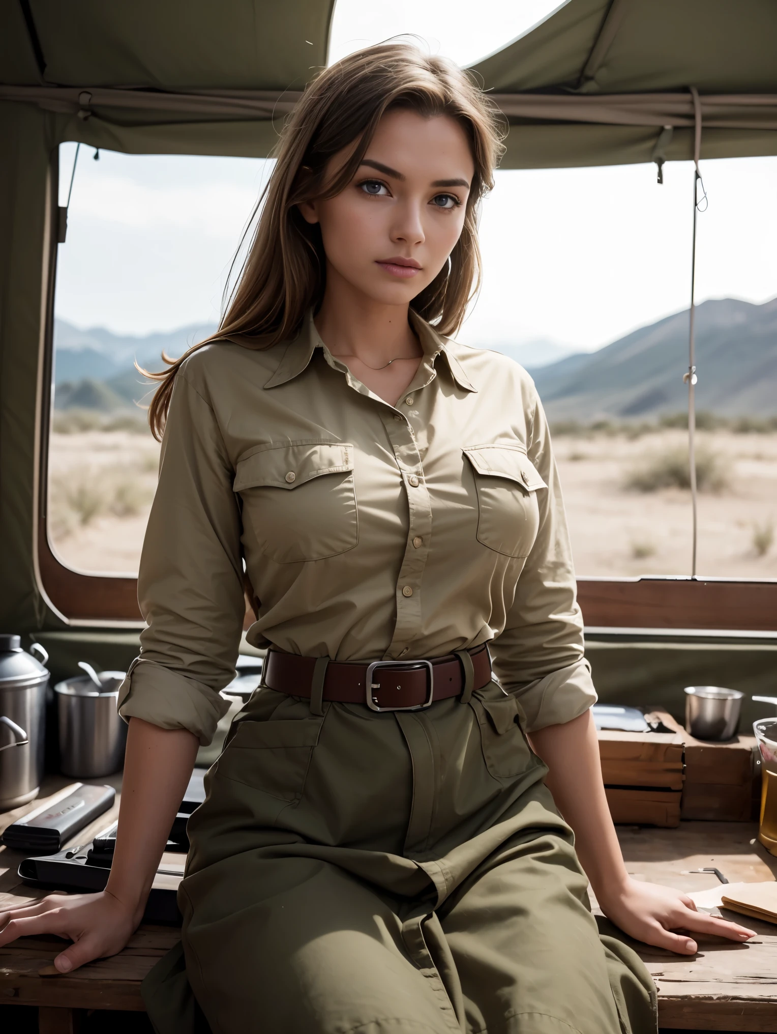 Wide angle. Masterpiece, Uhd, An adventuress from the '40s.cotton sand-colored shirt,  Khaki cotton army long skirt,  leather belt, army boots. She’s on an operation in a frozen hungle, at night, in an army tent. Perfect anatomy, perfect hair, perfect breast, perfect body, perfect hands, perfect face, perfect eyes, accurate, anatomically correct, perfect clear and crisp focus, UHD, masterpiece, 