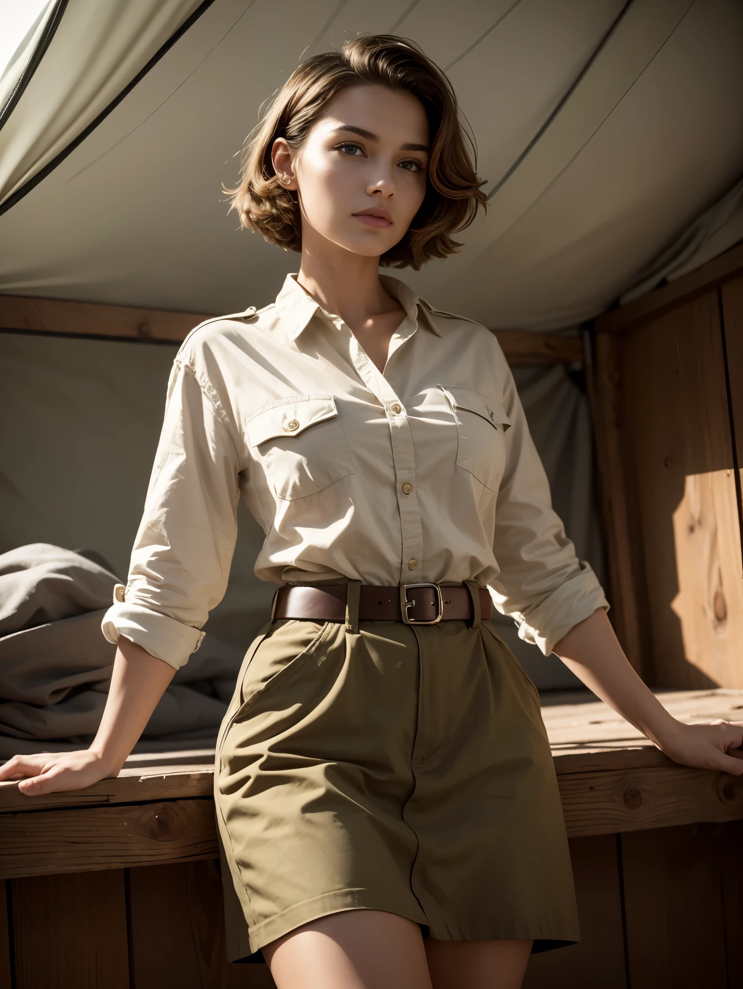 Wide angle. Masterpiece, Uhd, An adventuress from the '40s.cotton sand-colored shirt, Khaki cotton army long skirt, leather belt, army boots. She’s on an operation in a frozen hungle, at night, in an army tent. Perfect anatomy, perfect hair, perfect breast, perfect body, perfect hands, perfect face, perfect eyes, accurate, anatomically correct, perfect clear and crisp focus, UHD, masterpiece,