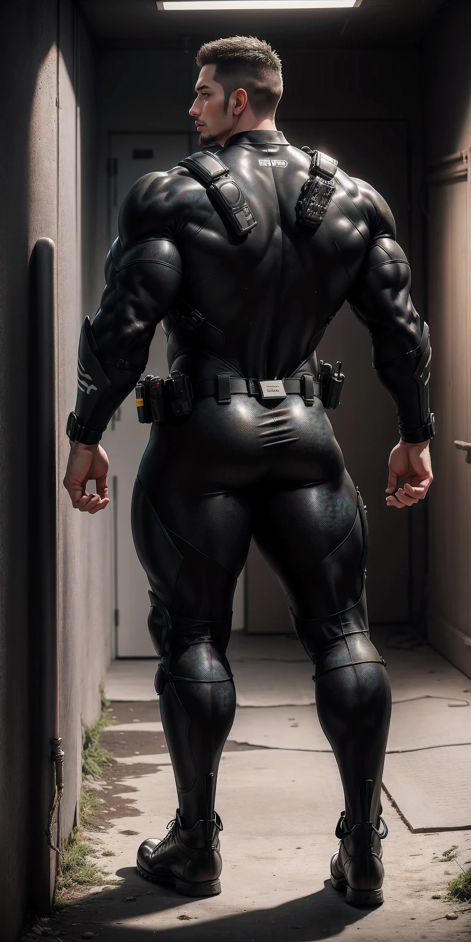 Tall giant muscular police officer back view.,Dark yellow and gray khaki camouflage wetsuit,They hugged each other tightly against the wall,Straighten your hips,character idea(Resident Evil - chris redfield,chris redfield)senior police officer,身穿Dark yellow and gray khaki camouflage wetsuit,matte texture,regular symmetrical texture pattern,Standing in the dark sugar cane jungle, The body is wrapped in thick rattan,sad expression,Deep and charming eyes,Emerald Pupil Hero,heroic male pose,高大burly,muscular!Charming leg muscles,High, burly, Heqiang, 身穿Dark yellow and gray khaki camouflage wetsuit, Super gain and cool, high resolution committee, Big feet in black boots,Charming strong man,The bright sunshine is shining on you,matte particles,shiny texture