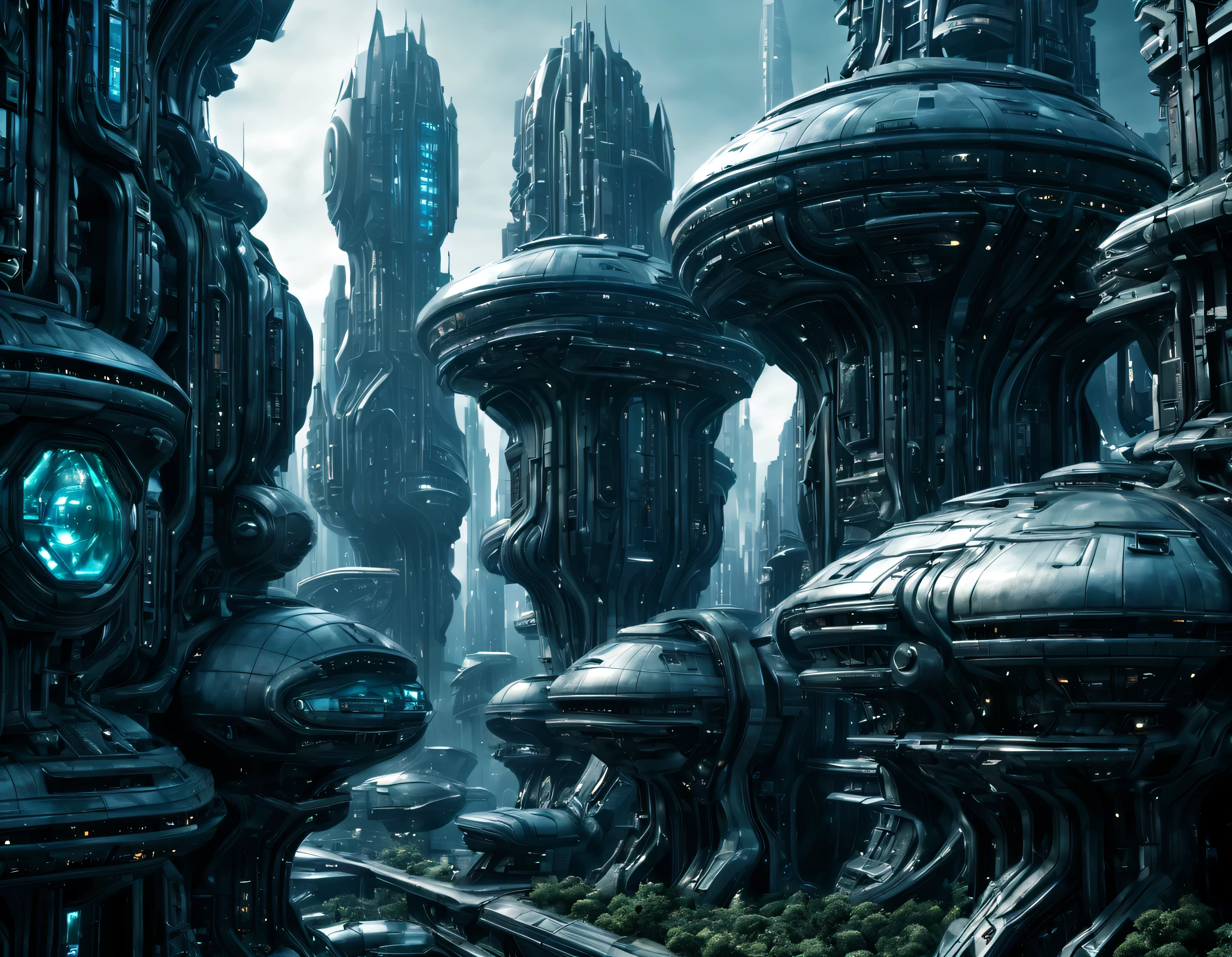 street of an extraterrestrial alien city with futuristic and technological architecture in its metal and glass conglomerado de buildings, some aliens walking around, ventanas iluminadas, all full of imagination, science fiction and (intrincados detalles de la maquina).imagen fotorrealista, Maximum sharpness, calidad 8k.(obra maestra de calidad superior). 3D.