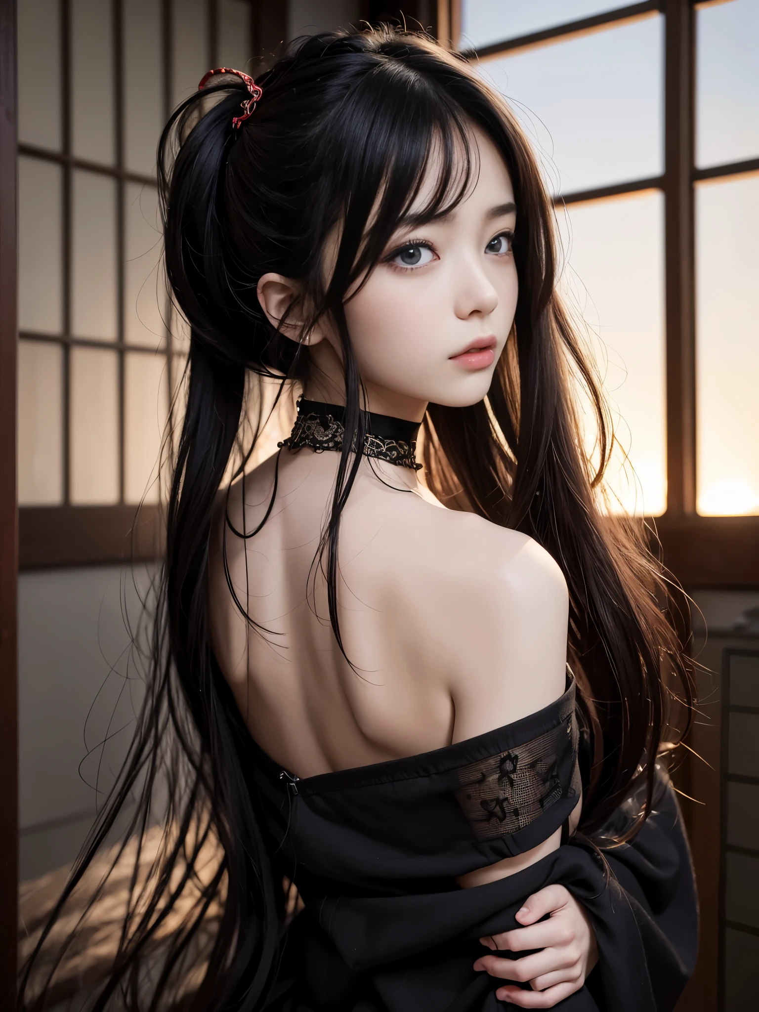 highest quality、masterpiece、ultra high resolution、super realistic: 1.3、8k raw photo、intricate details、chromatic aberration、1 girl、22 years old、japanese girl、long hair、Black shiny hair、messy hair、red highlights、hair above one eye、red eyes、Ruby Eyes、clear eyes、choker、arm binder、turn your arms behind your back、Cross your arms behind your back、lean forward and look into the viewer、Enchanted lips、Enchanted eyes、