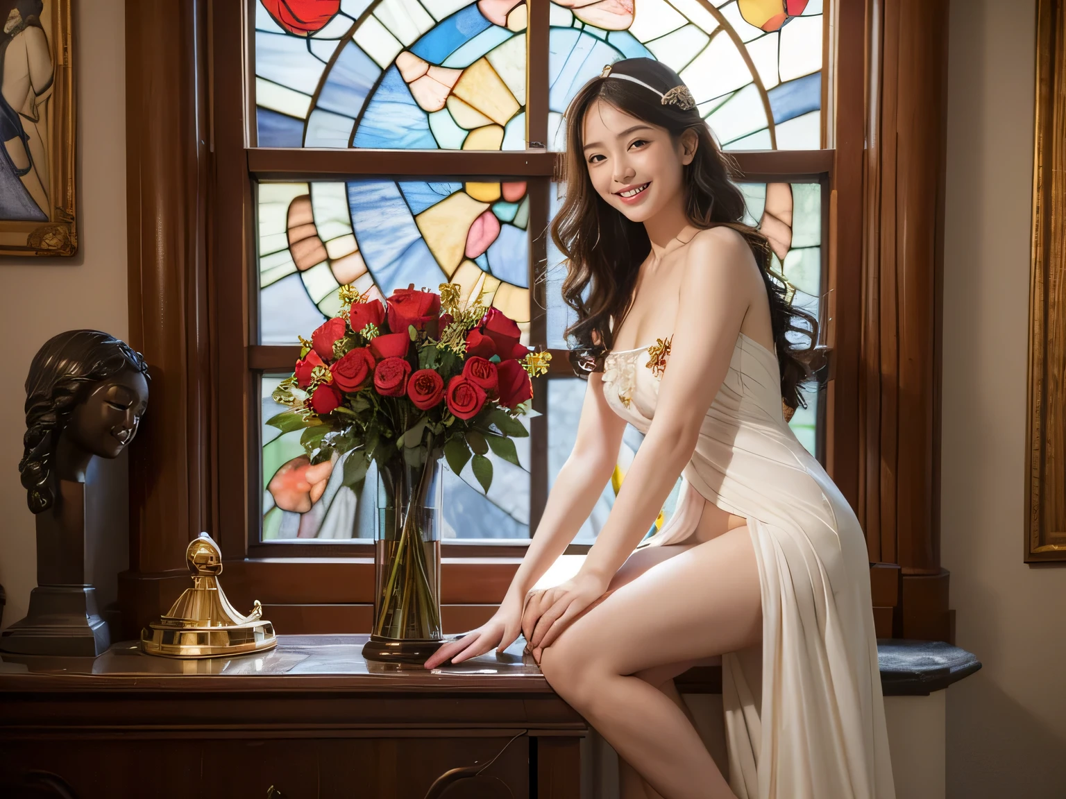 full body portrait or statue、Stained glass、Vigée Leblanc style、math、astronomical machine、astronaut、roses in vase、fruit、Cute trinkets、smile、ancient greek costume、Sandro Botticelli paintings、Costume that stretches your shoulders、A big smile、expression of ecstasy、sexy、beautiful bare skin、Detailed representation of the seducing woman throughout the body