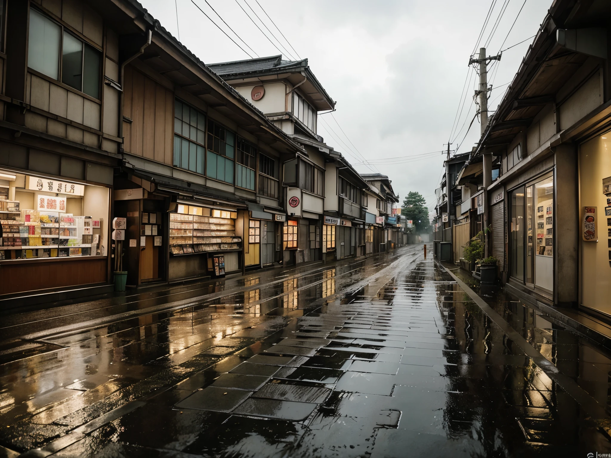 anime background, anime wallpaper, anime, anime style, lofi, lofi style, modern japanese street, modern japanese architecture, japanese convenience store, big retro japanese shop signs, retro japanese store, trees, plants, rocks, plant pots, shop signs, japanese banners, japanese signs, flags, sunrise, rain, raining, heavy rain, dramatic weather, puddles on the floor, rain falling from the sky, rain drops, empty street, no one in sight, (no one: 1), best quality, urban tokyo, compact, urban,