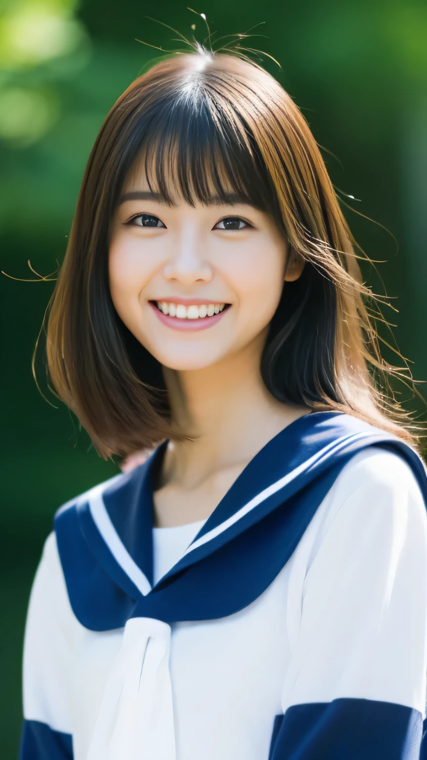 (photo of the upper body), NSFWではない、small_breasts, happy smiling, ((Perfect Face)), brunette, 1 beautiful girl, detailed skin, detailed background, finely detailed, 8k uhd, dslr, detailed fingers, skintight, cute girl, ((Best quality)), ((masterpiece)), ((photorealistic)), ((ultra high res)), (8K raw photo), beautiful face, ((Miraculously pretty girl:1.2)),14years,、a miniskirt、Neat sailor suit、White High Socks、Loafer shoes、realisitic、超A high resolution、(the body turns in the direction of the viewer), anatomically accurate body, 胸元が大きく開いて、腰から上の写真、紺色のチェック柄のプリーツスカート、