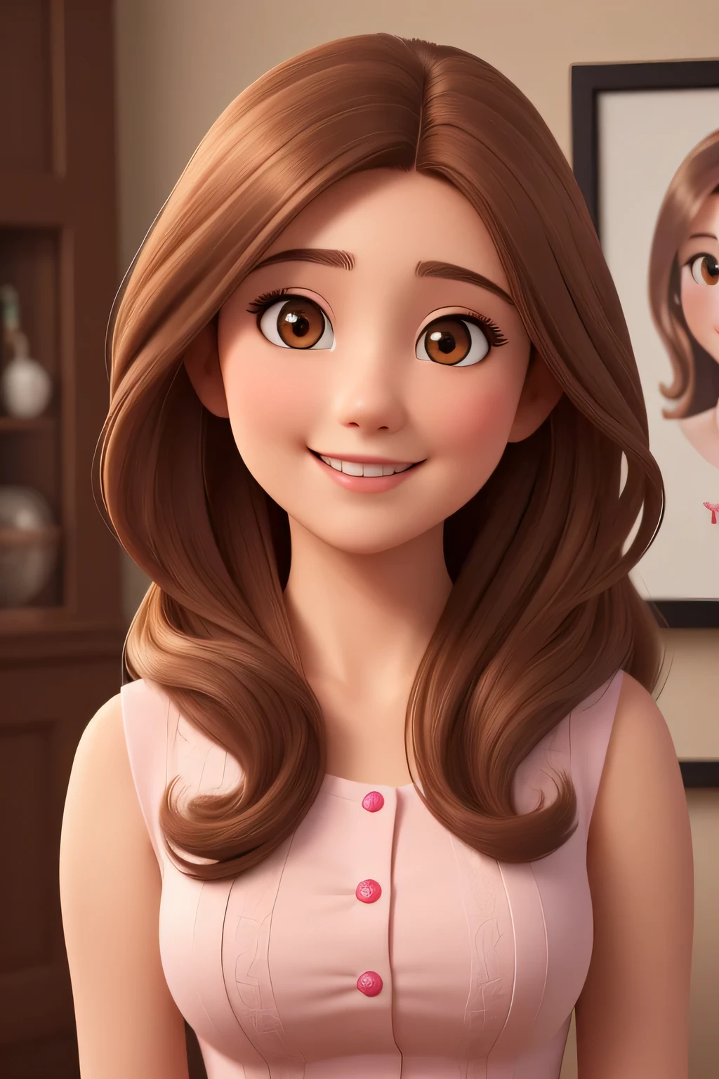 (highest quality,High resolution,Super detailed,realistic:1.2),portrait,TV presenter,30 years old (brown hair:1.1) Women with long hair,round face, cute smile, (茶色のeye:1.1) eye, Are standing,Hands are folded properly in front,look at the camera.