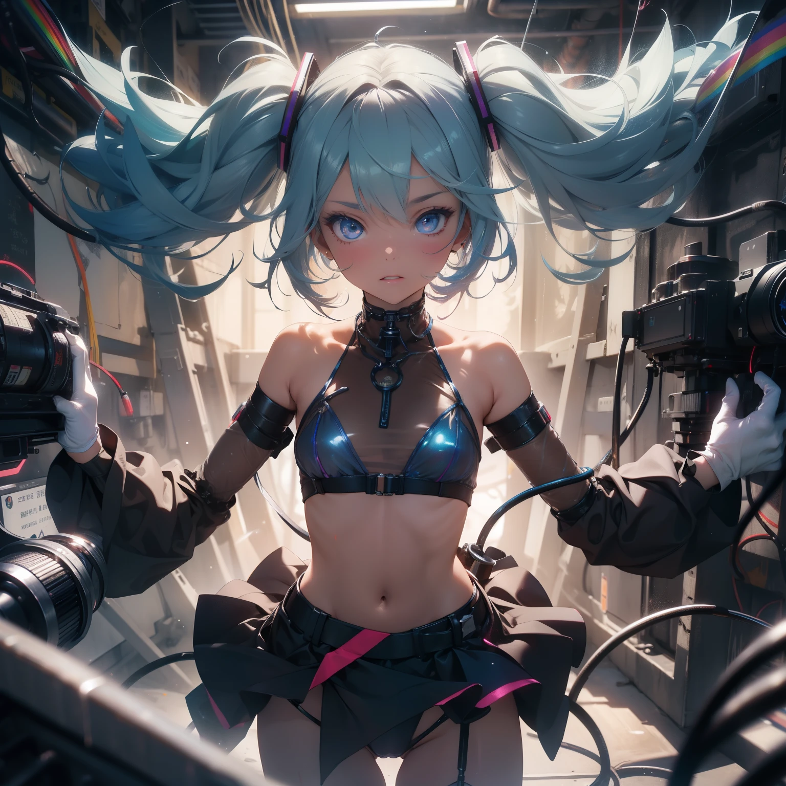 (quality)), ((masterpiece)), Recommended results、Puffy nipples、(see through:1.5)、straighten your back、abdominal muscles、huge bust、angle to floor:1.2、low camera angle、Hair loss on crotch，Hatsune Miku，super detailed)), (Very detailed的CG插画), ((extremely delicate and beautiful)),(1 white transparent mechanical girl)),alone,whole body,(Machine made joints:1.2),((mechanical limbs)),(Flashing blood vessel points connected to tubes),(Mechanical vertebrae attached to the back，with flowing glitter.),((Flowing rainbow fixed around neck)),perfect round face,(wires and cables attaching to neck:1.2),(Rainbow wires and cables on the head:1.2)(Character focus),,Very detailed,rich and colorful,most detailed，white ceramic skin，maidennurse，demon，，vampire