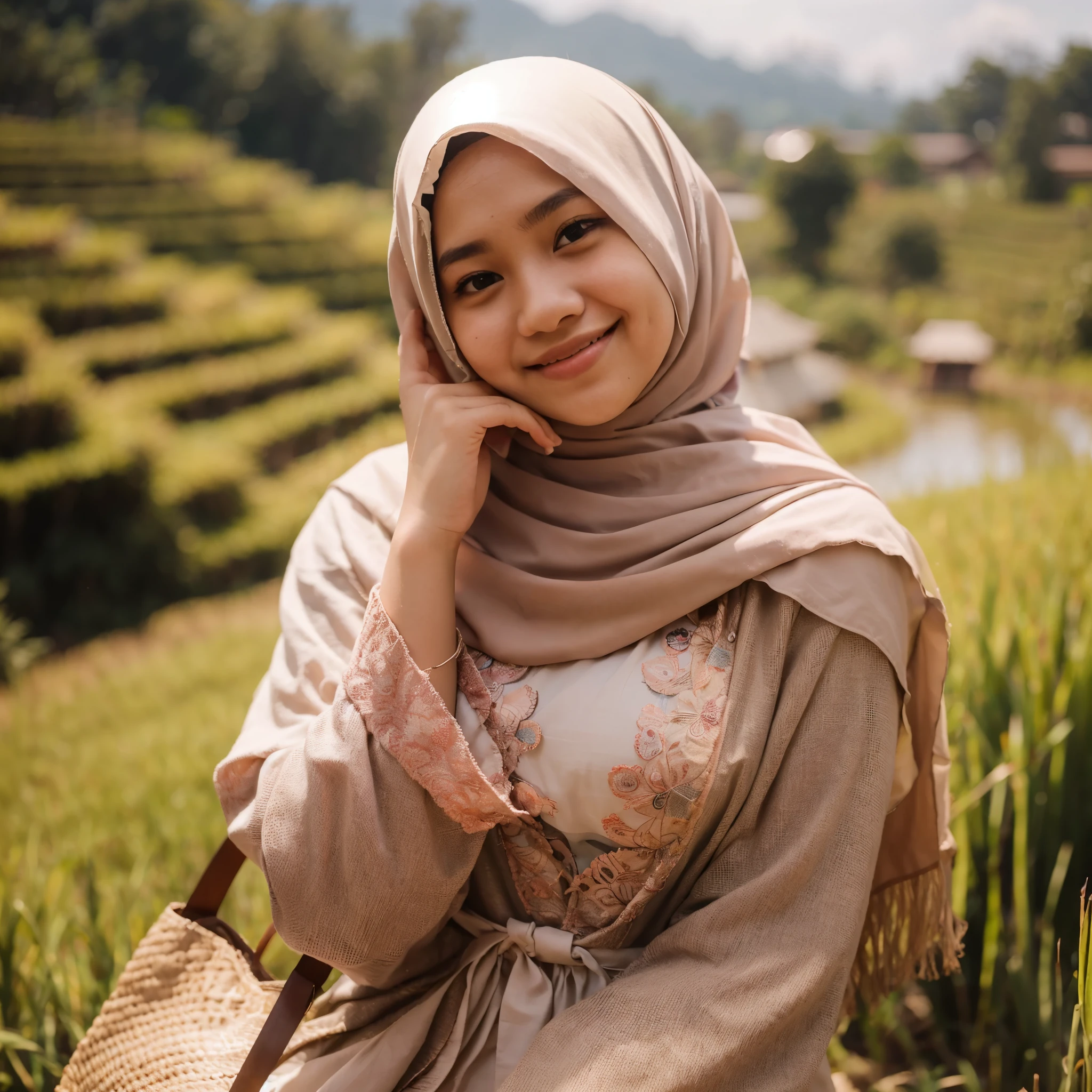 masterpiece of a girl, (Indonesia), wearing a hijab, chubby cheeks, plump body, smiling, during the day, the rice fields look bright, sunlight, taken with a Sony A7 mark V camera, 35mm fixed lens, f /1.8 ISO 300, natural lighting, realistic, 8k photorealism