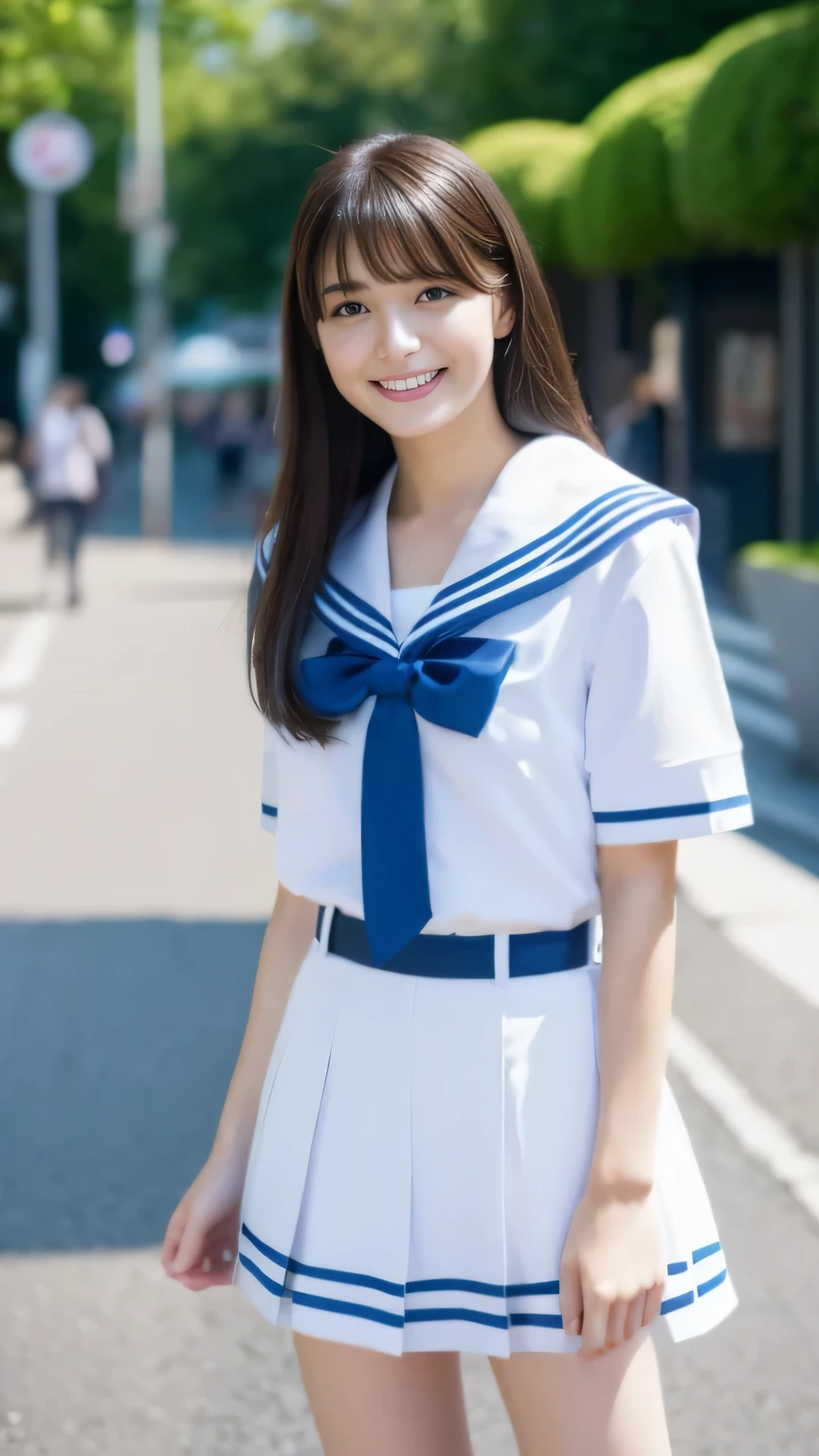 (photo of the upper body), NSFWではない、small_breasts, happy smiling, ((Perfect Face)), brunette, 1 beautiful girl, detailed skin, detailed background, finely detailed, 8k uhd, dslr, detailed fingers, skintight, cute girl, ((Best quality)), ((masterpiece)), ((photorealistic)), ((ultra high res)), (8K raw photo), 14year old, beautiful face, ((Miraculously pretty girl:1.2)),14years,、a miniskirt、Neat sailor suit、White High Socks、Loafer shoes、realisitic、超A high resolution、(the body turns in the direction of the viewer), anatomically accurate body, シャツの胸元が深く大きく開いて、腰から上の写真、紺色のチェック柄のプリーツスカート、ヘソが見える、